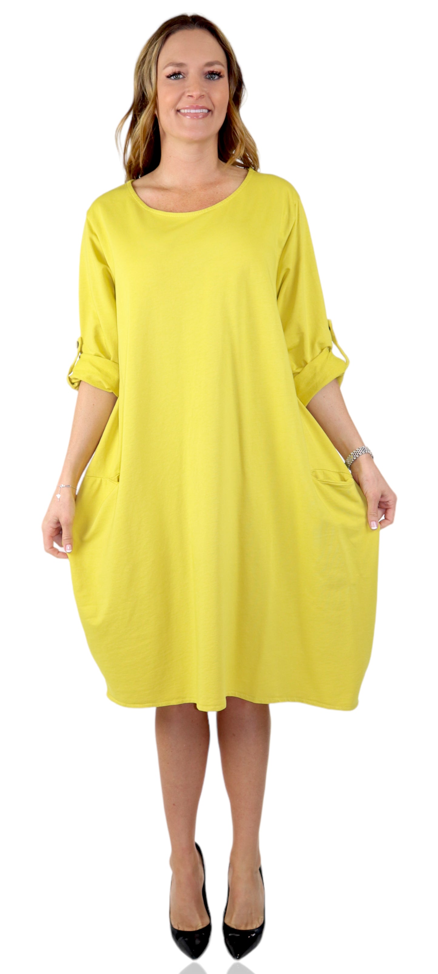Womens Relaxed Fit Midi Dress with Ballon Hem and Front Pockets