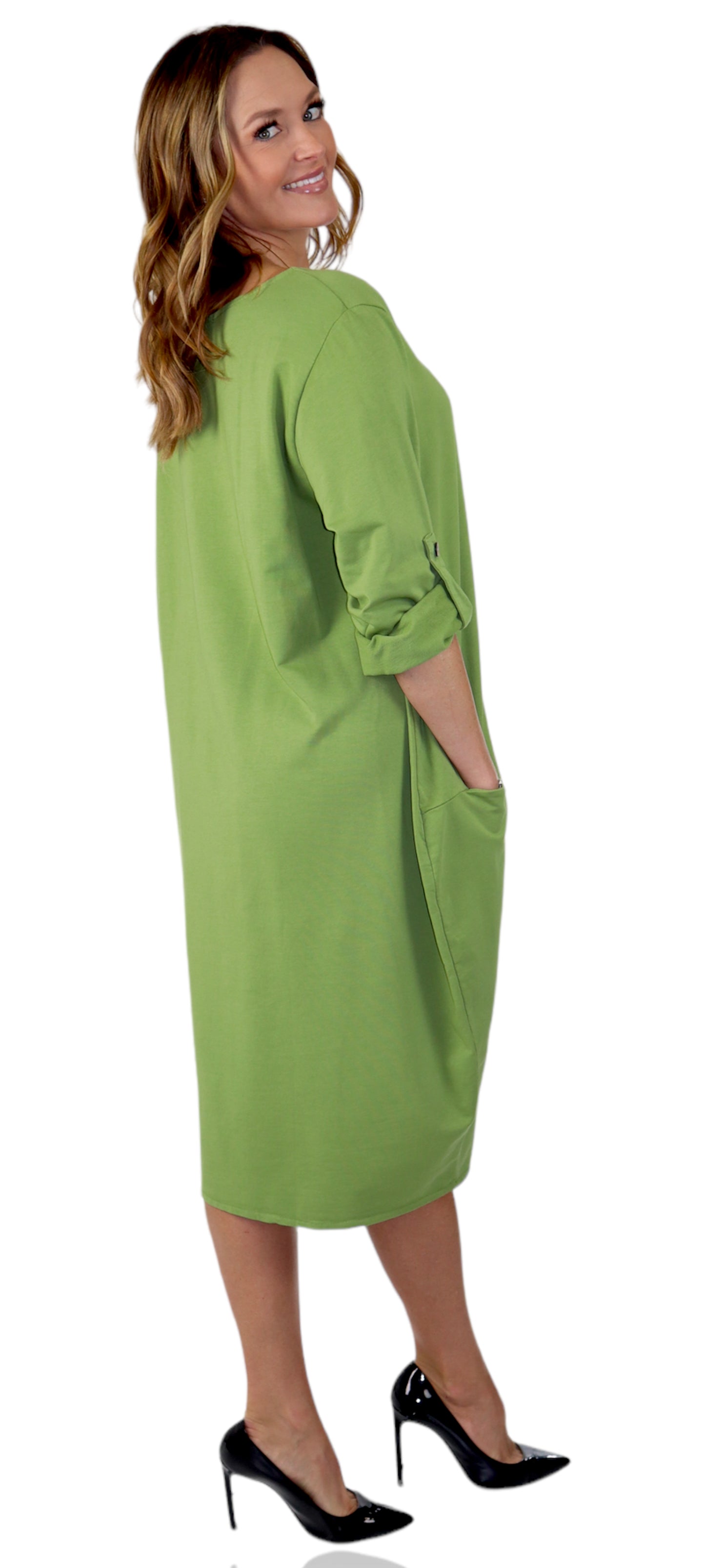 Womens Relaxed Fit Midi Dress with Ballon Hem and Front Pockets