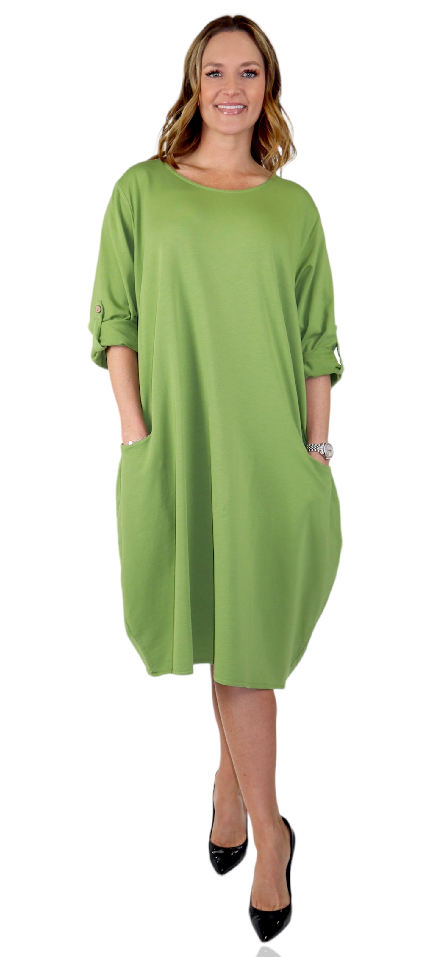 Womens Relaxed Fit Midi Dress with Ballon Hem and Front Pockets