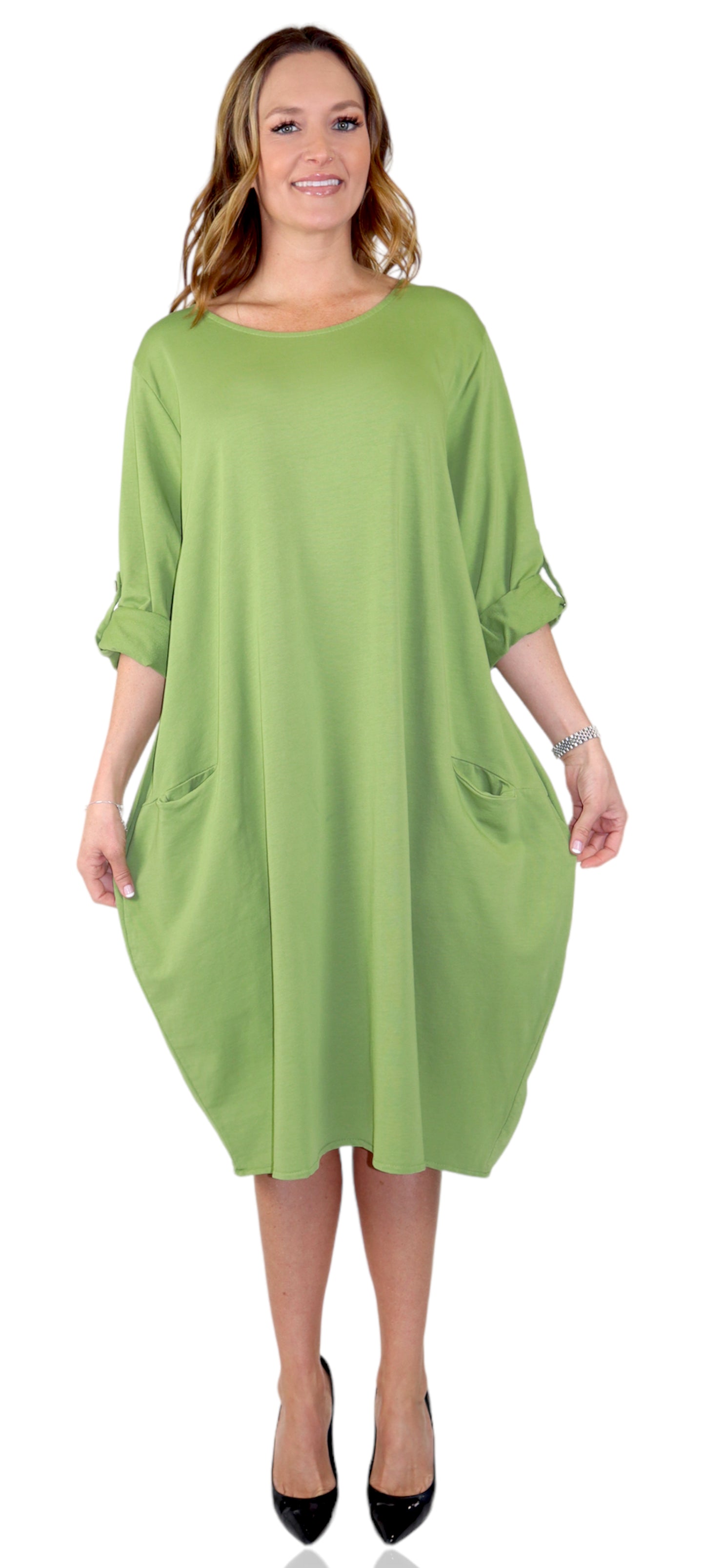 Womens Relaxed Fit Midi Dress with Ballon Hem and Front Pockets