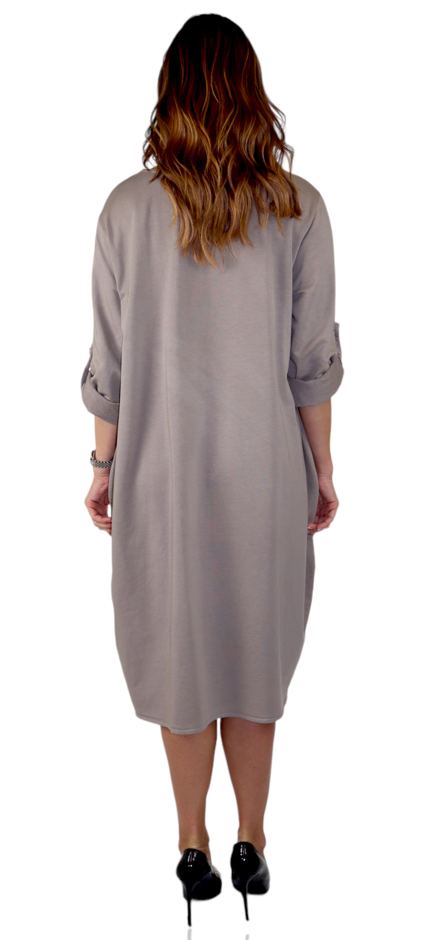 Womens Relaxed Fit Midi Dress with Ballon Hem and Front Pockets