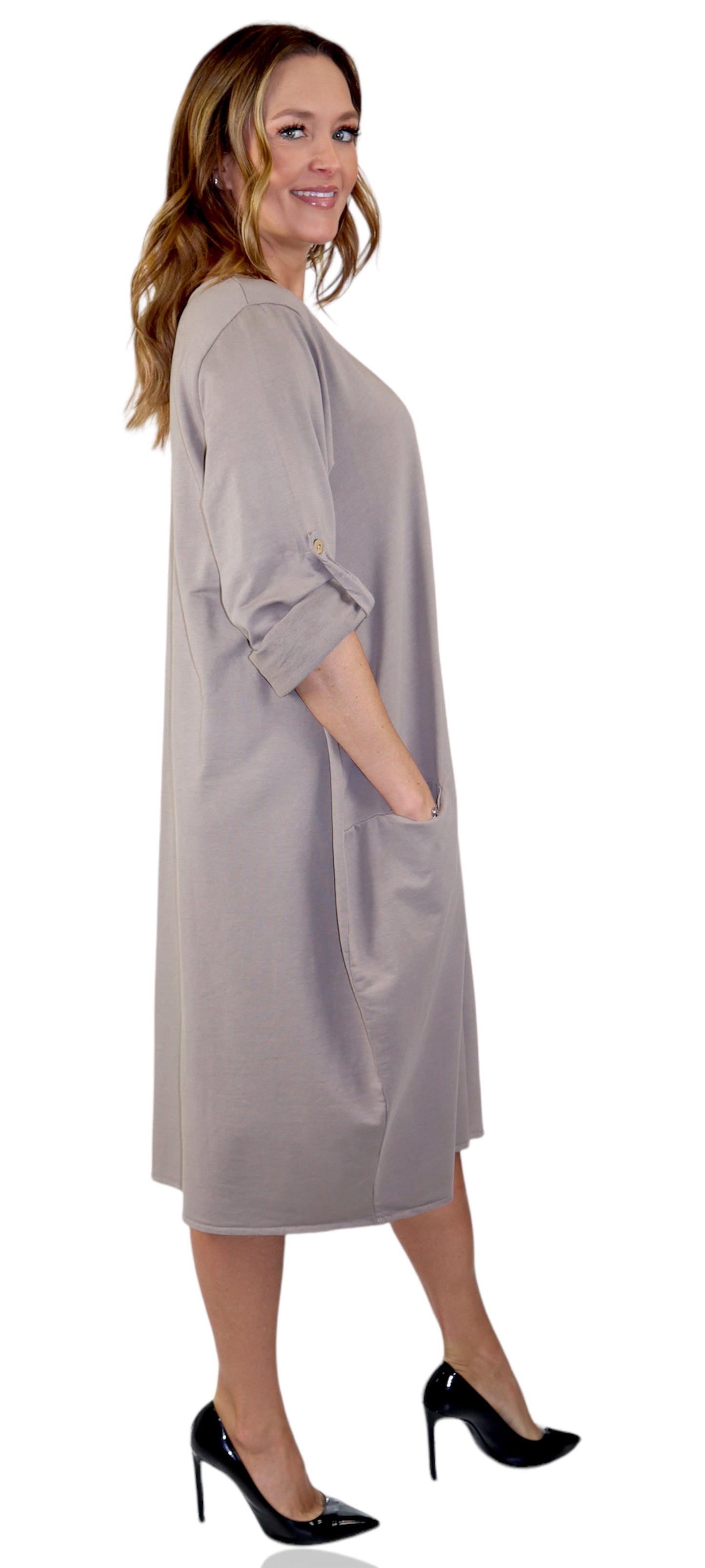 Womens Relaxed Fit Midi Dress with Ballon Hem and Front Pockets