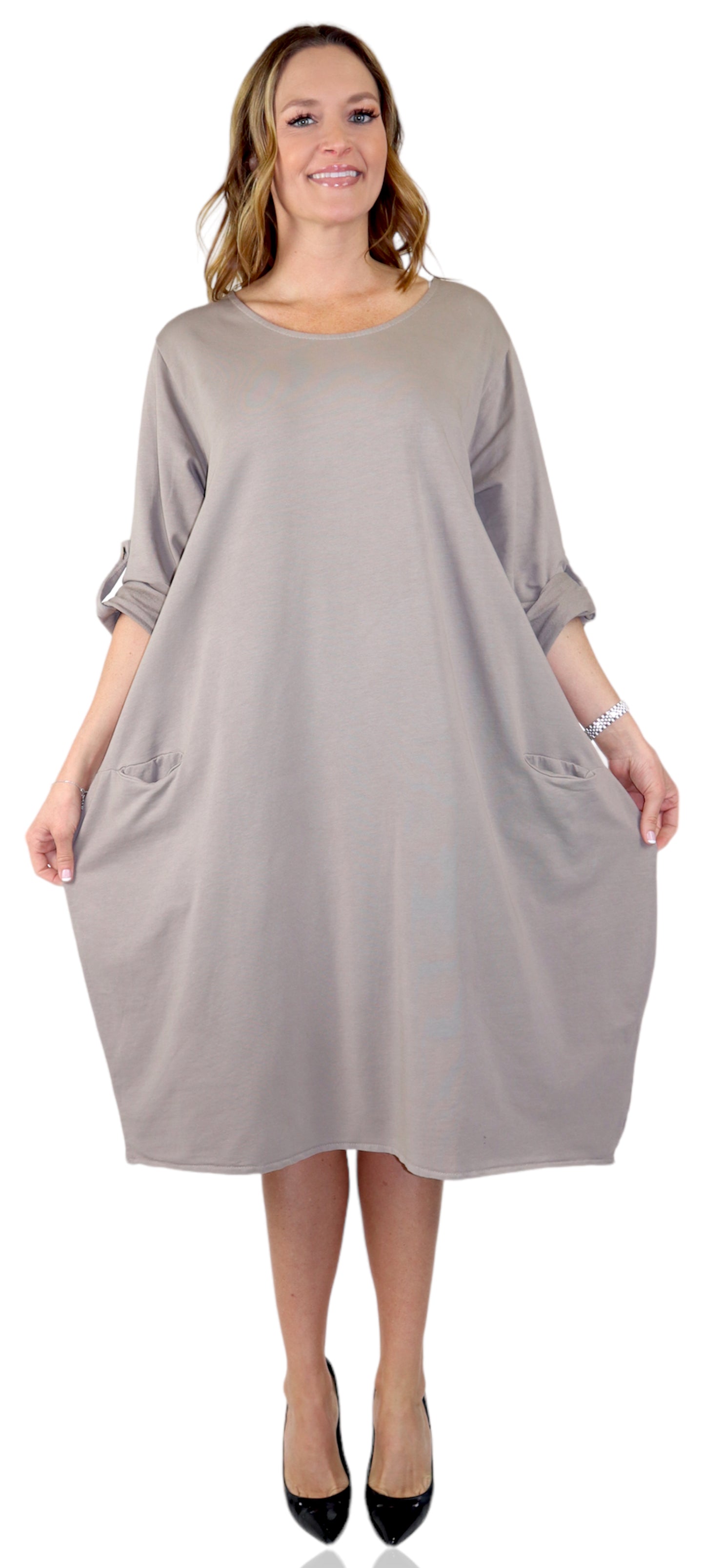 Womens Relaxed Fit Midi Dress with Ballon Hem and Front Pockets