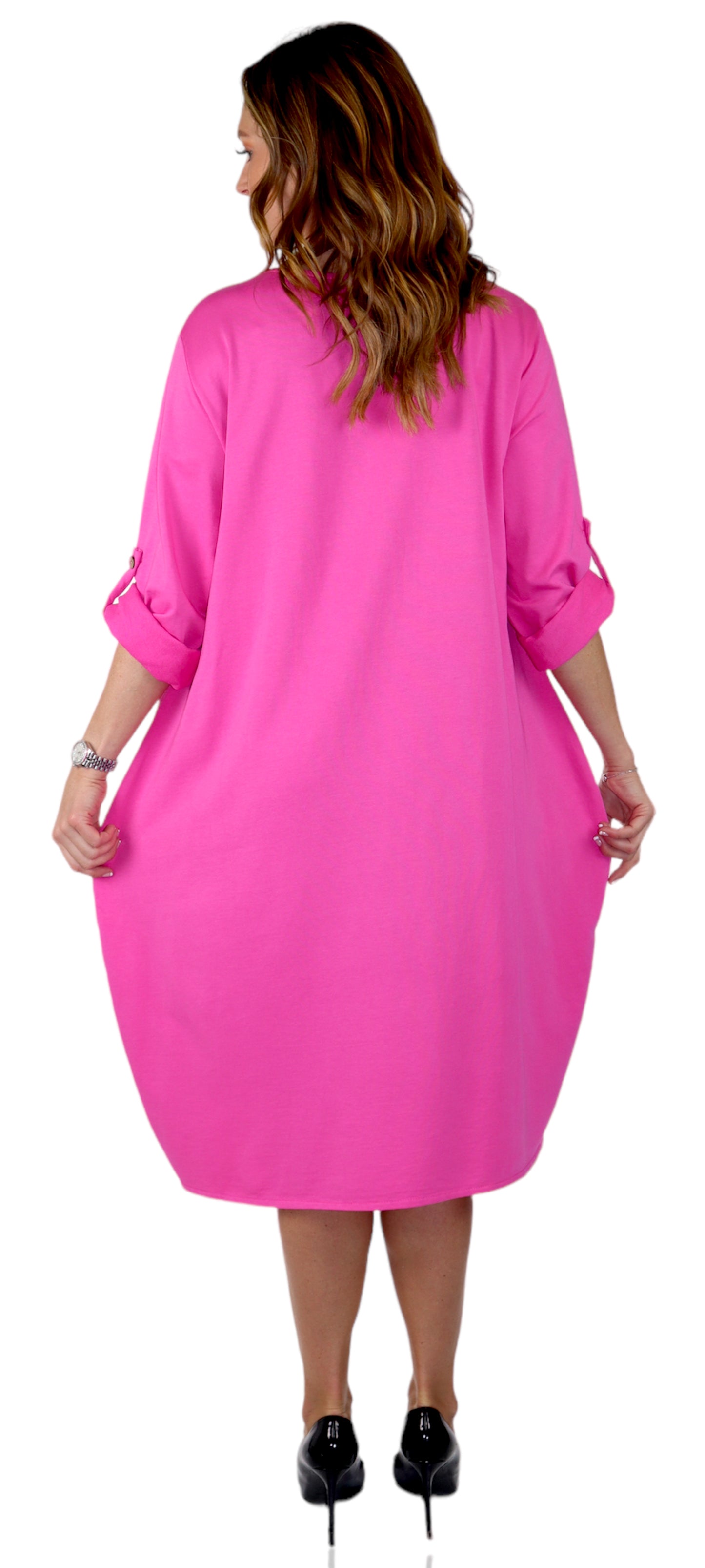 Womens Relaxed Fit Midi Dress with Ballon Hem and Front Pockets