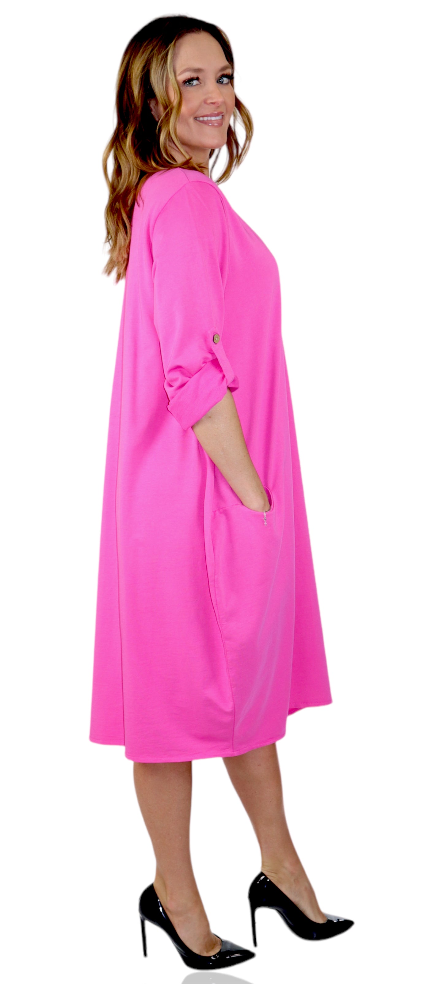 Womens Relaxed Fit Midi Dress with Ballon Hem and Front Pockets