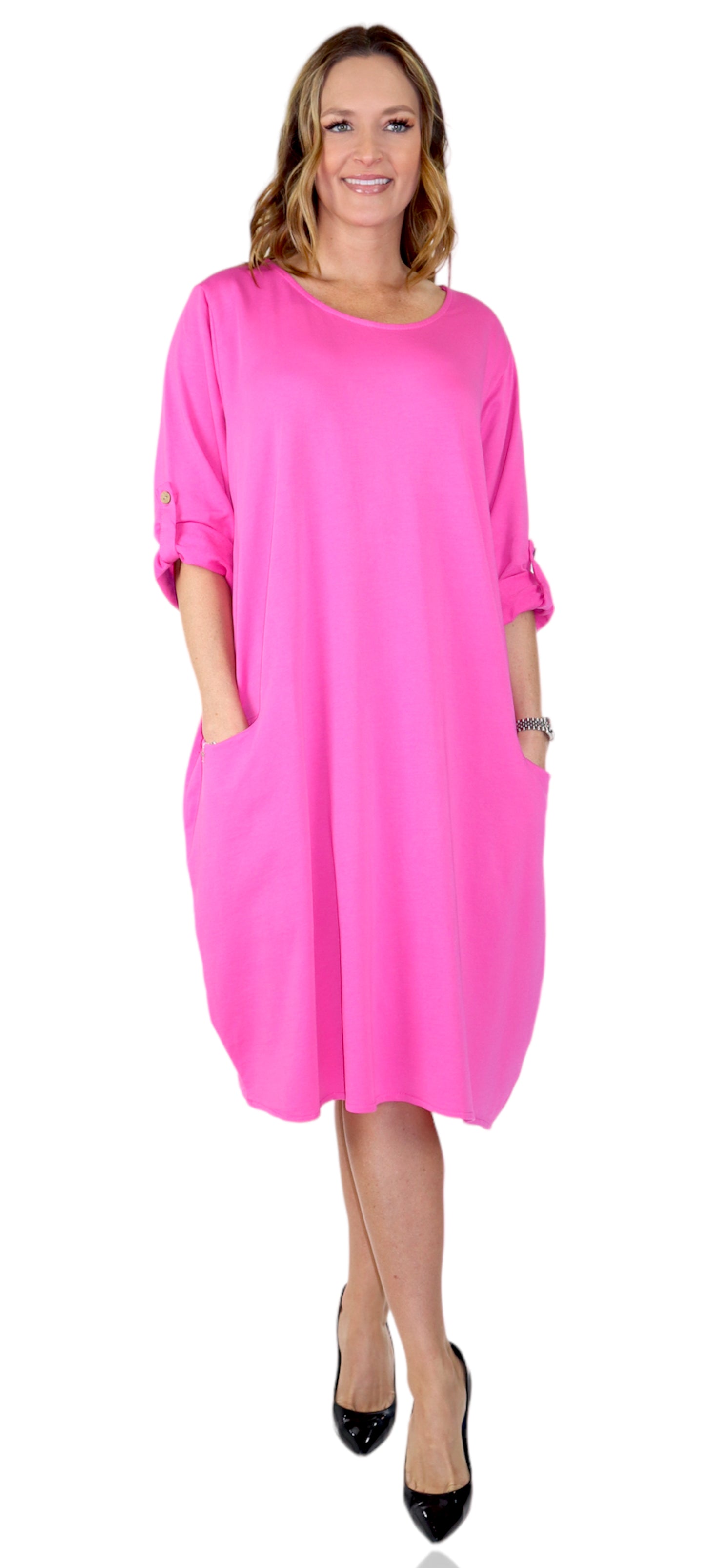 Womens Relaxed Fit Midi Dress with Ballon Hem and Front Pockets
