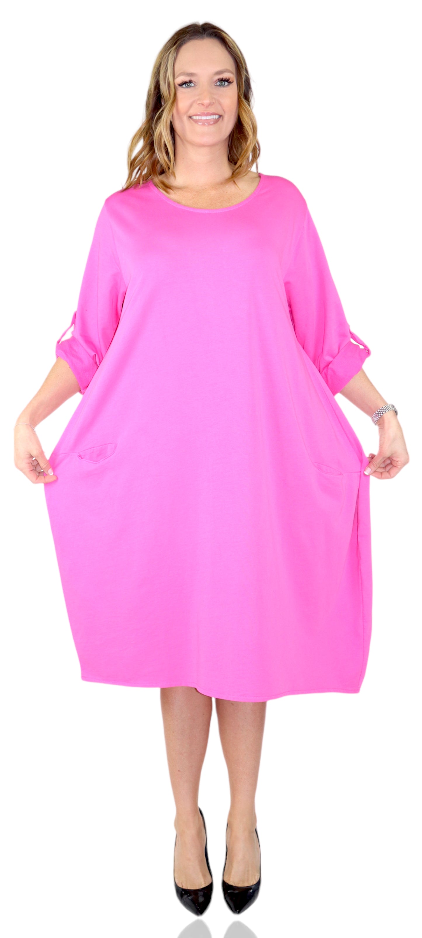 Womens Relaxed Fit Midi Dress with Ballon Hem and Front Pockets
