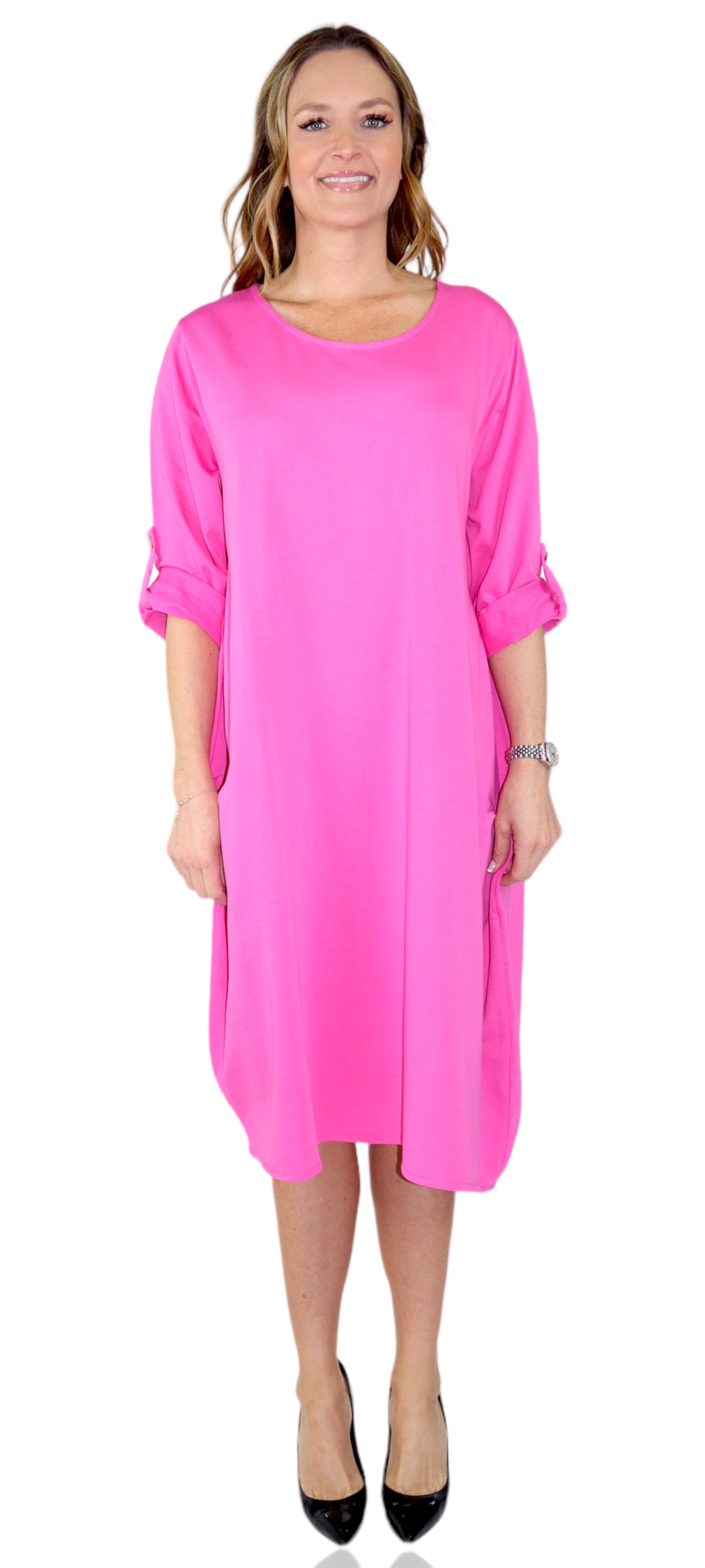 Womens Relaxed Fit Midi Dress with Ballon Hem and Front Pockets