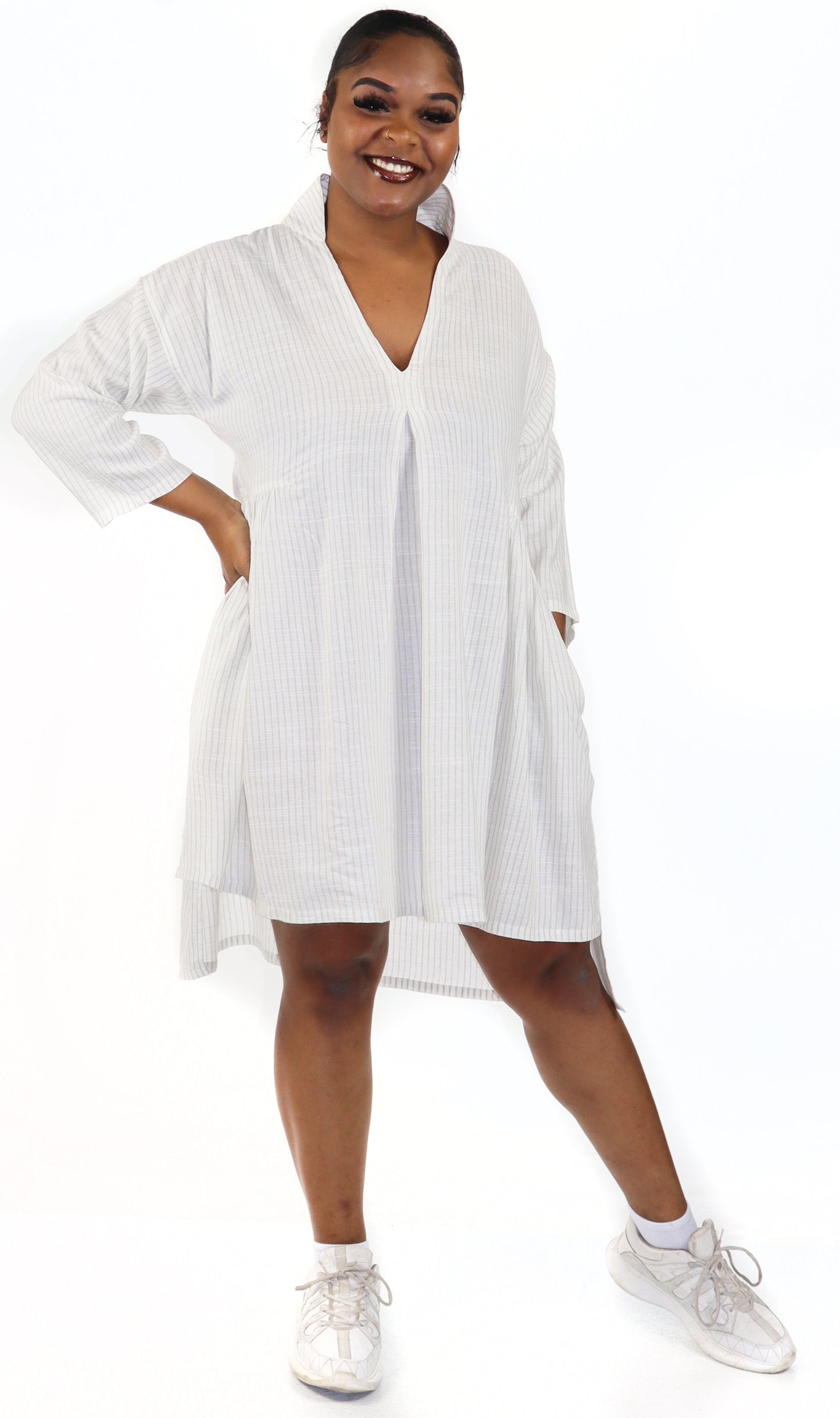 Women Boho High Low Linen V Neck Knee Length Dress Top, Bohemian Linen Dress, Regular and Plus Sizes