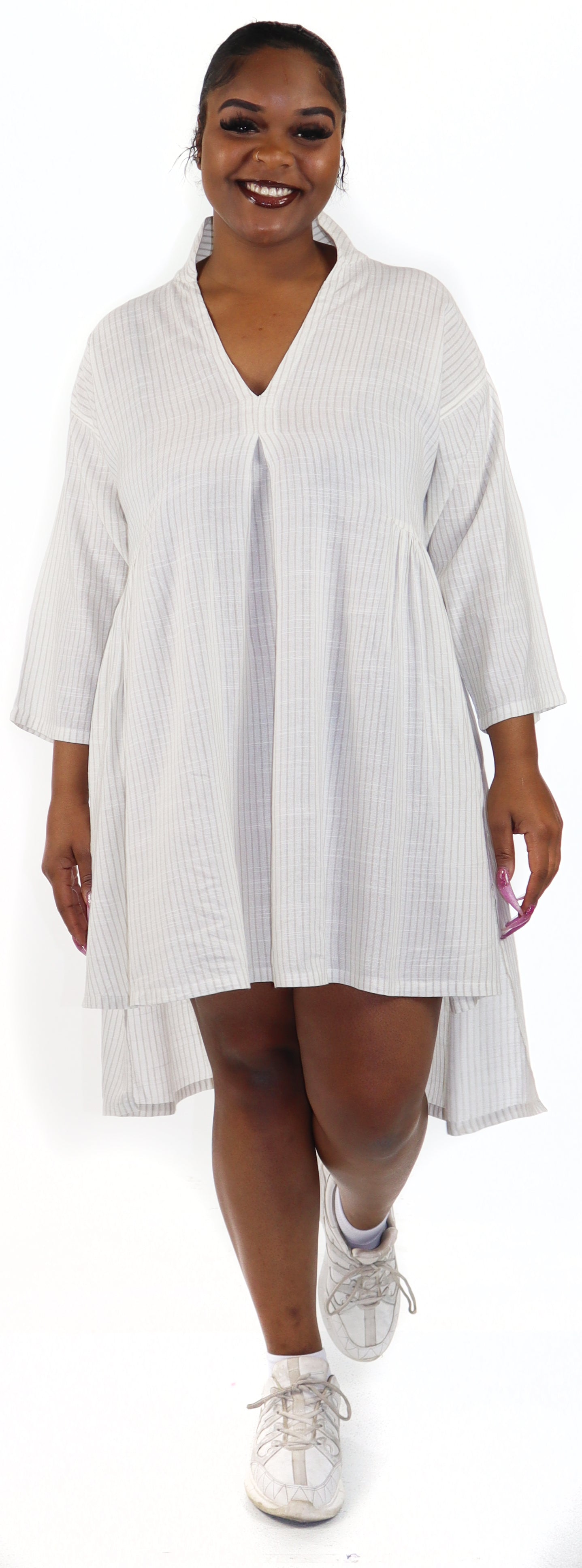 Women Boho High Low Linen V Neck Knee Length Dress Top, Bohemian Linen Dress, Regular and Plus Sizes