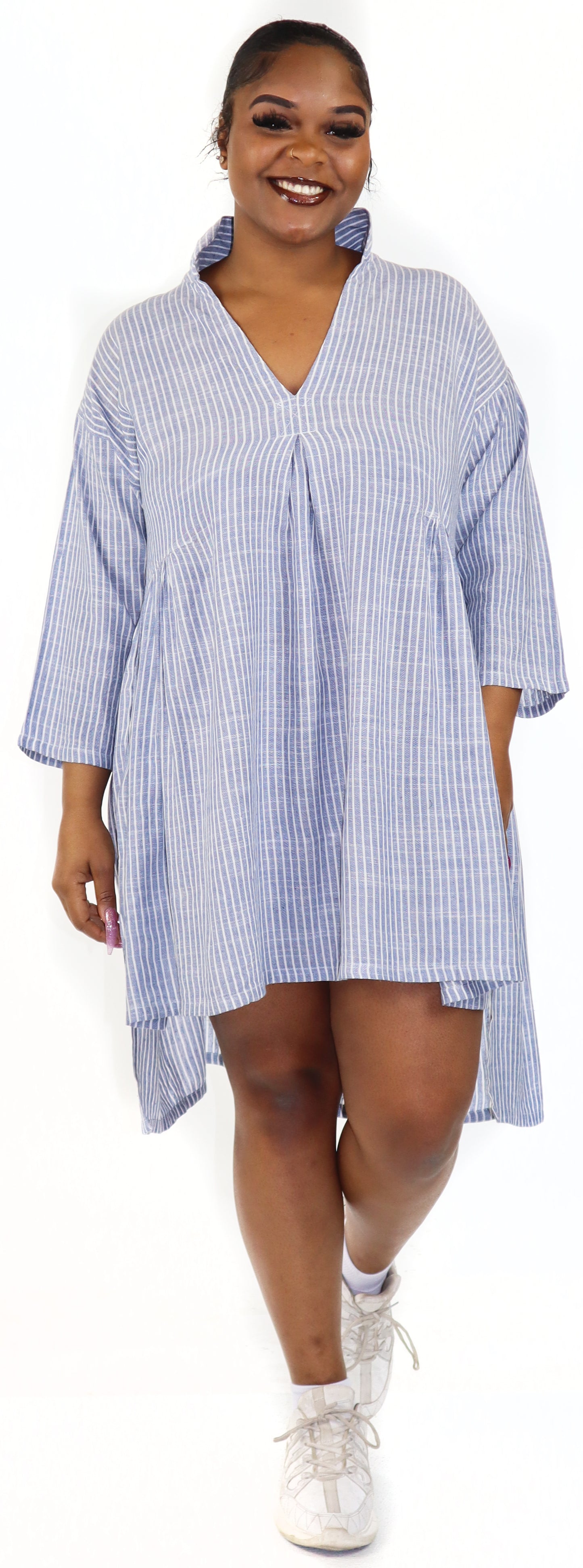 Women Boho High Low Linen V Neck Knee Length Dress Top, Bohemian Linen Dress, Regular and Plus Sizes