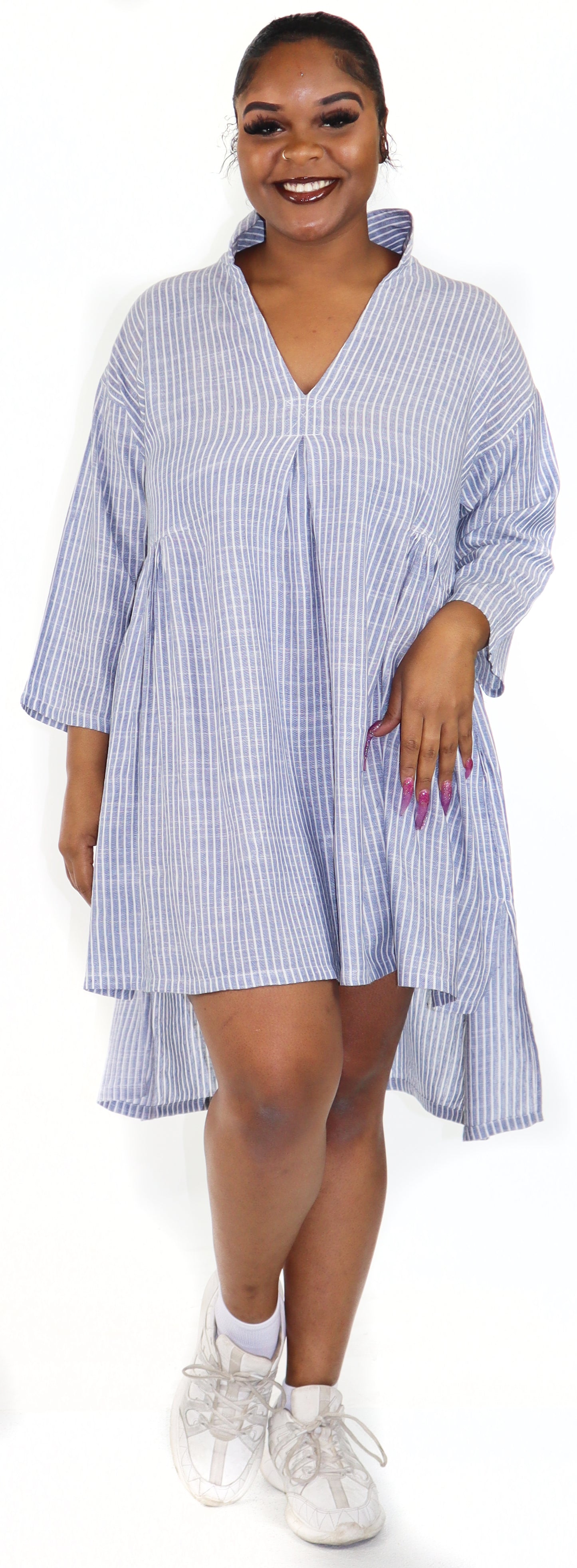 Women Boho High Low Linen V Neck Knee Length Dress Top, Bohemian Linen Dress, Regular and Plus Sizes