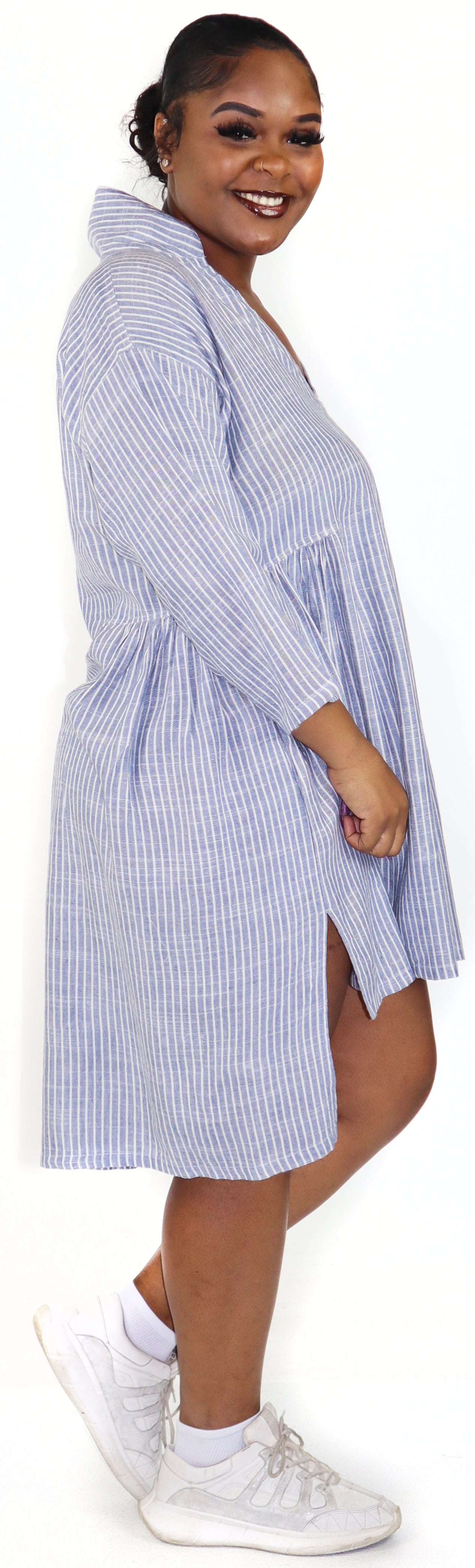 Women Boho High Low Linen V Neck Knee Length Dress Top, Bohemian Linen Dress, Regular and Plus Sizes