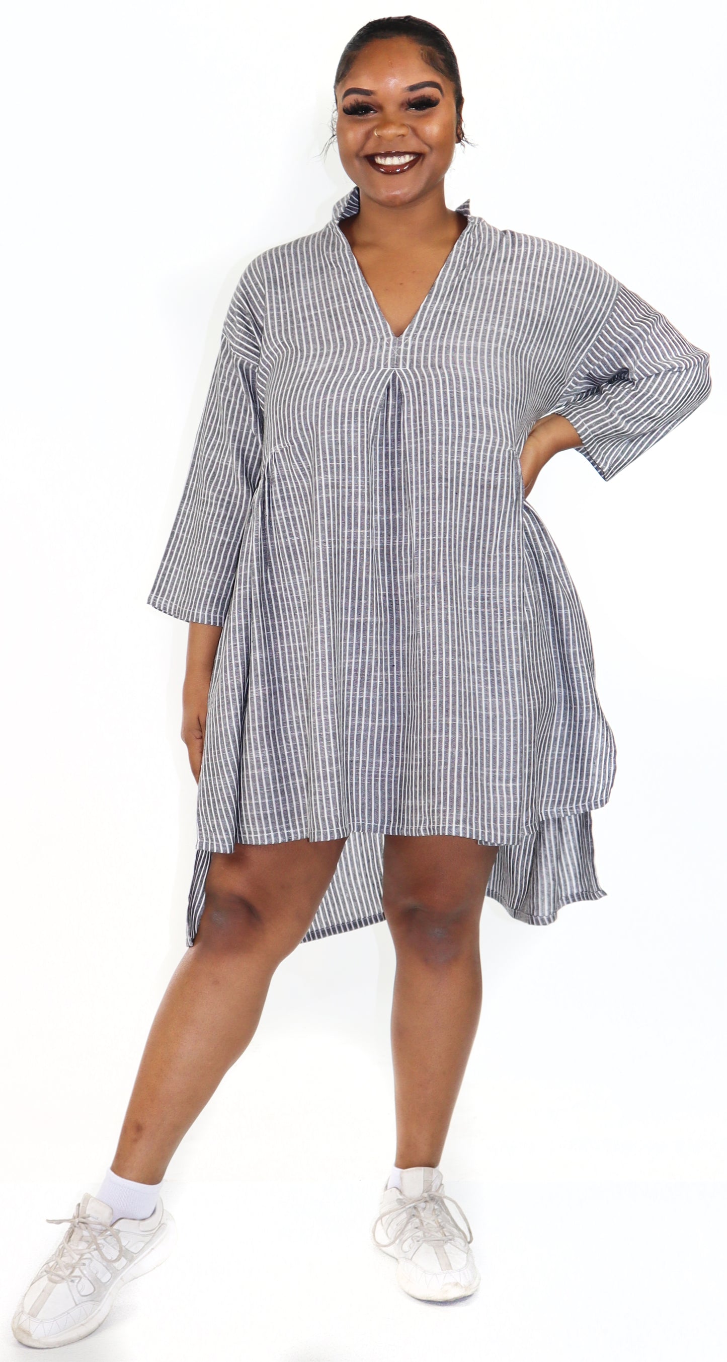 Women Boho High Low Linen V Neck Knee Length Dress Top, Bohemian Linen Dress, Regular and Plus Sizes