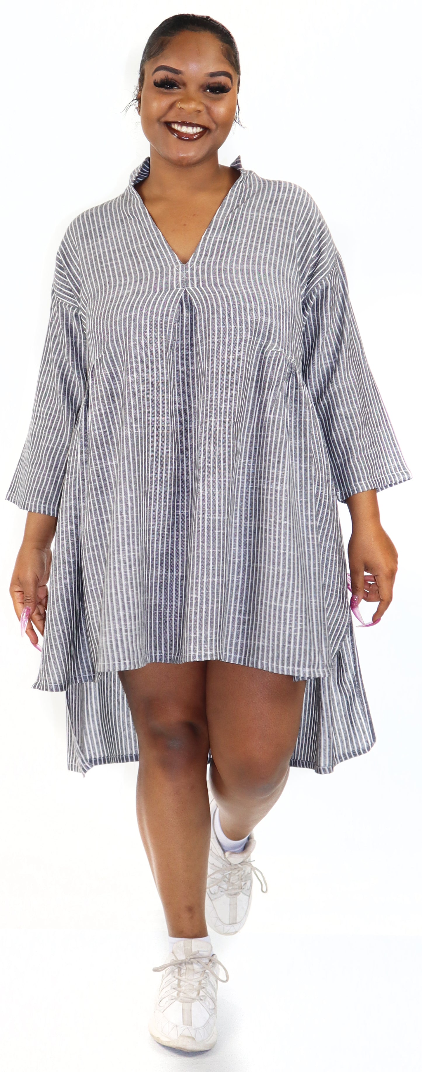 Women Boho High Low Linen V Neck Knee Length Dress Top, Bohemian Linen Dress, Regular and Plus Sizes