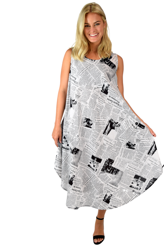Newspaper Print Dress, Asymmetrical Dress, Biased Dress, Cotton Dress, Summer Dress, Crop Dress, A line Dress, Parachute Dress