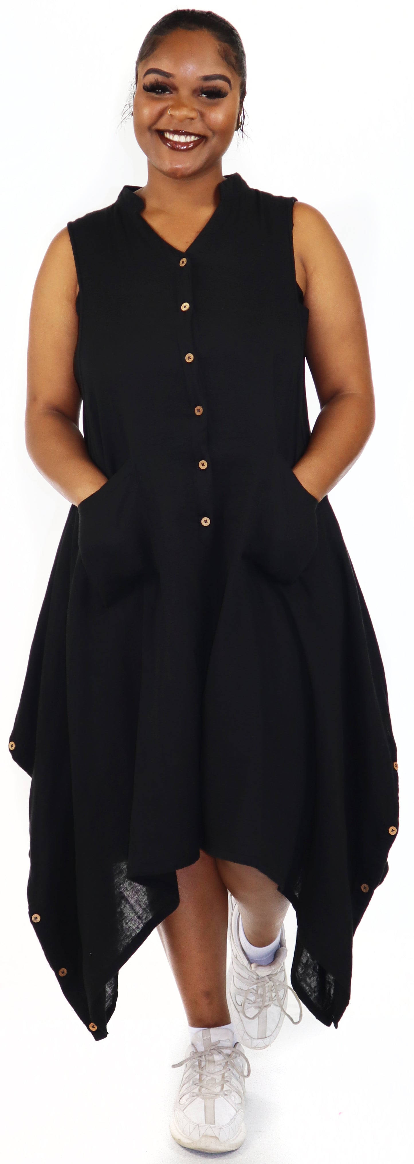 Women Boho Linen Sleeveless Button Down Midi Dress Top, Romper w/ Front Pockets, Reg and Plus Sizes