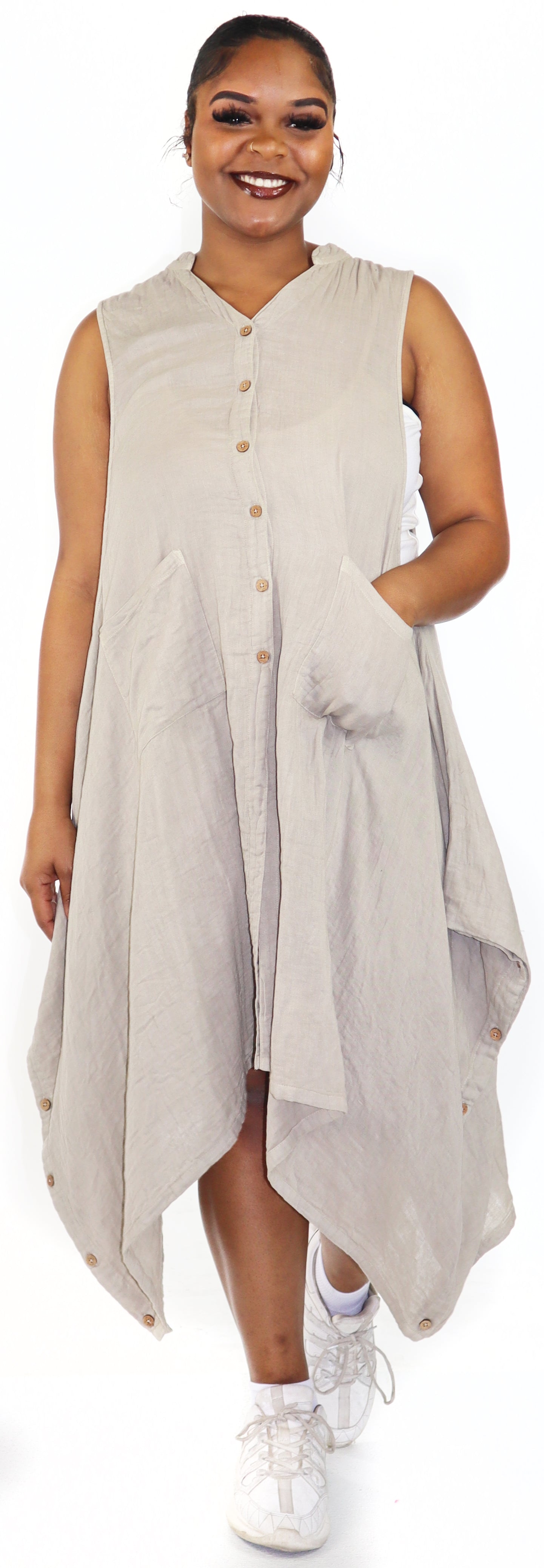 Women Boho Linen Sleeveless Button Down Midi Dress Top, Romper w/ Front Pockets, Reg and Plus Sizes