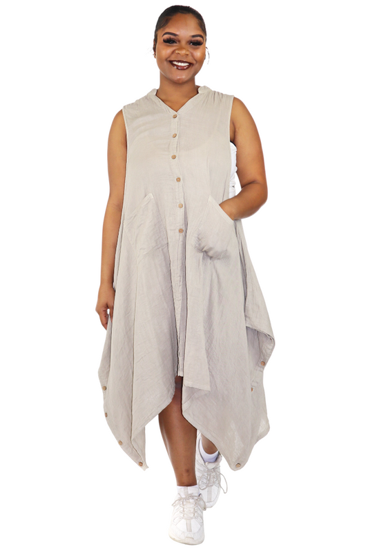 Women Boho Linen Sleeveless Button Down Midi Dress Top, Romper w/ Front Pockets, Reg and Plus Sizes