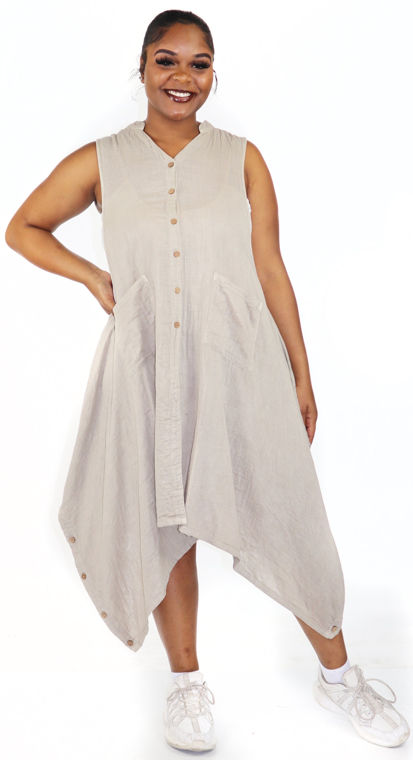 Women Boho Linen Sleeveless Button Down Midi Dress Top, Romper w/ Front Pockets, Reg and Plus Sizes