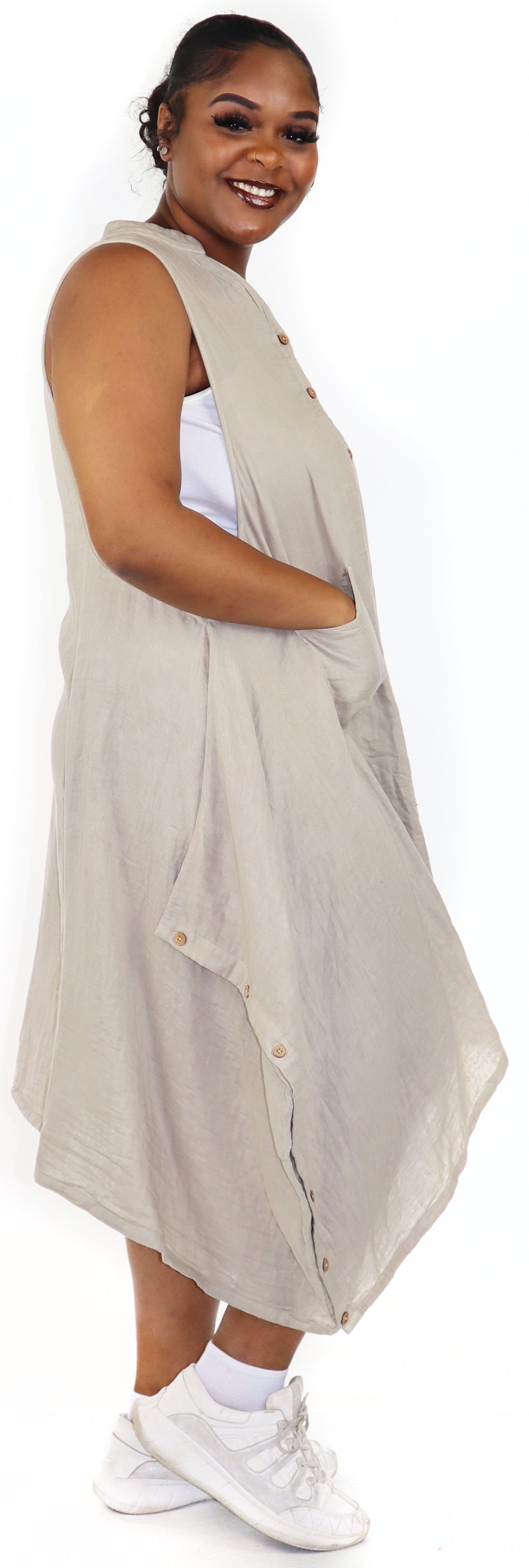 Women Boho Linen Sleeveless Button Down Midi Dress Top, Romper w/ Front Pockets, Reg and Plus Sizes