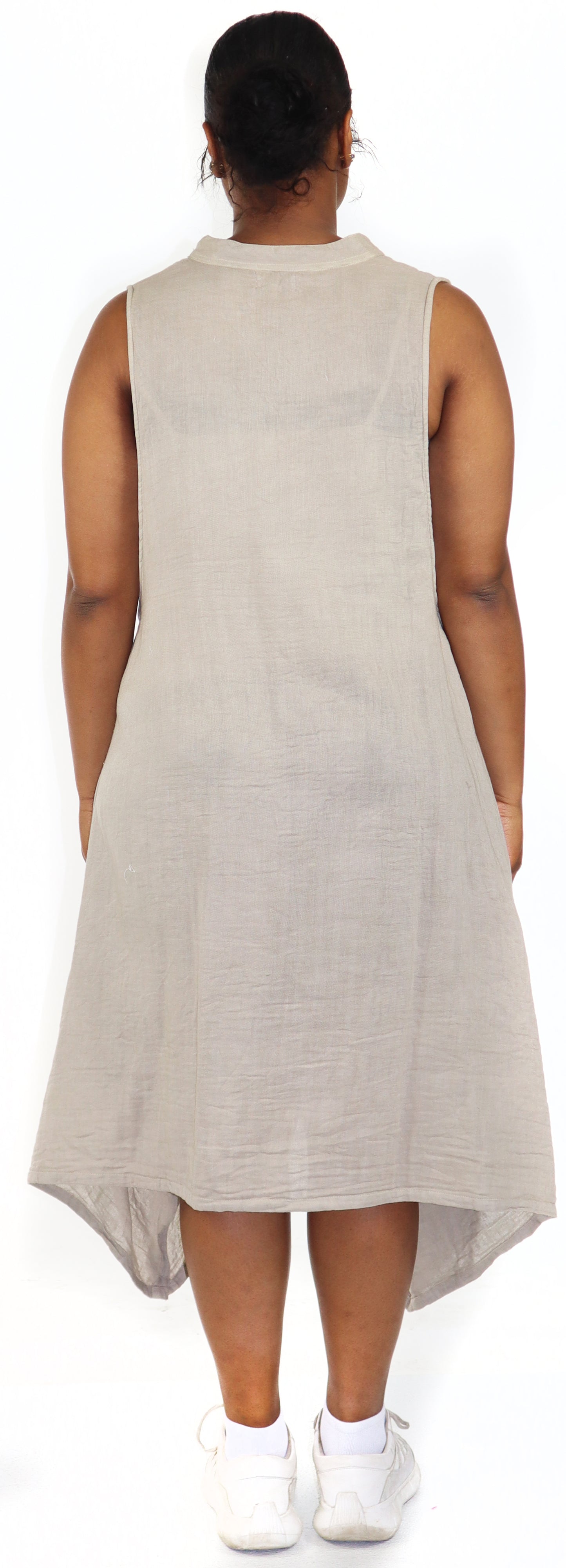 Women Boho Linen Sleeveless Button Down Midi Dress Top, Romper w/ Front Pockets, Reg and Plus Sizes