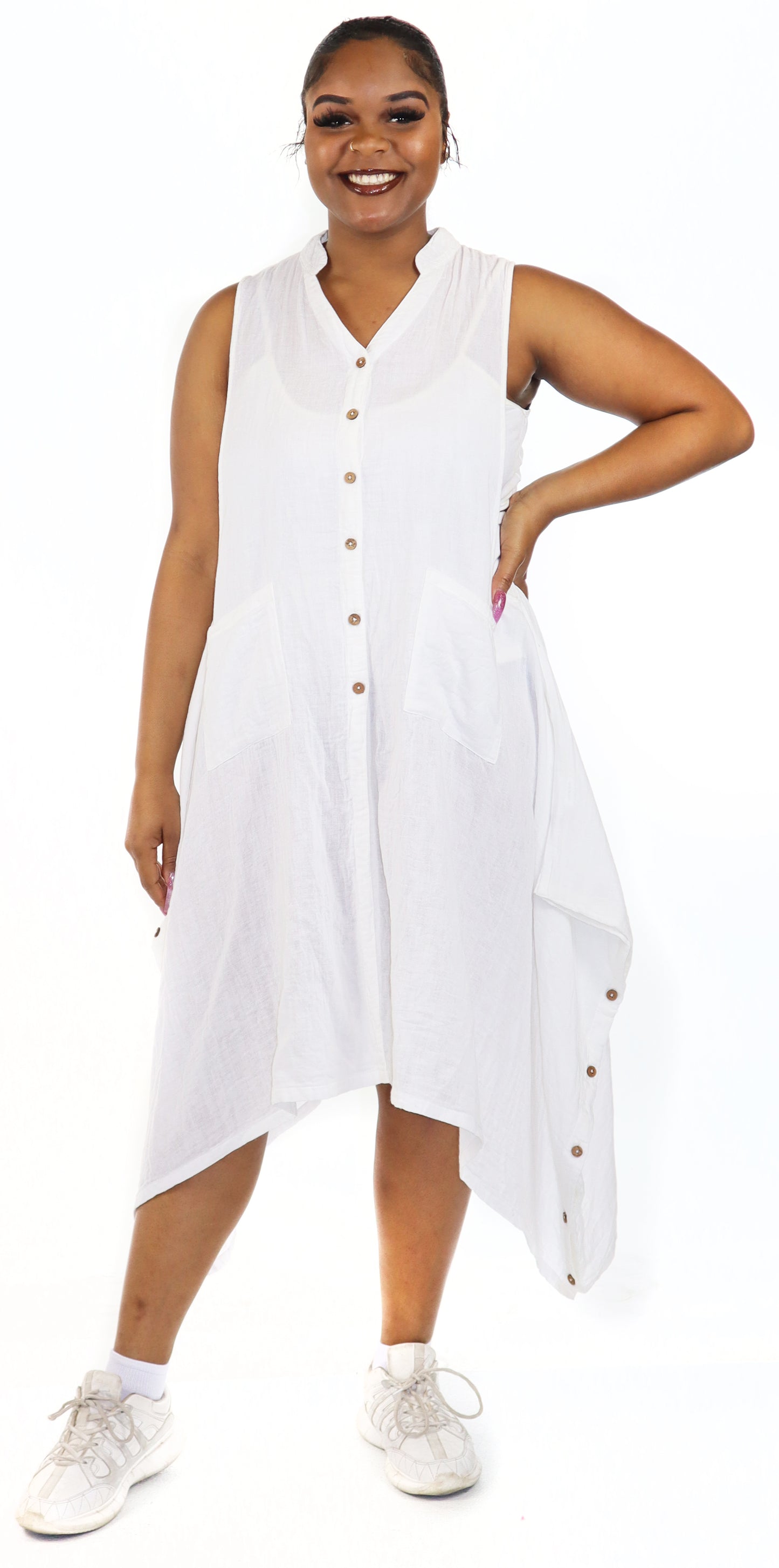 Women Boho Linen Sleeveless Button Down Midi Dress Top, Romper w/ Front Pockets, Reg and Plus Sizes