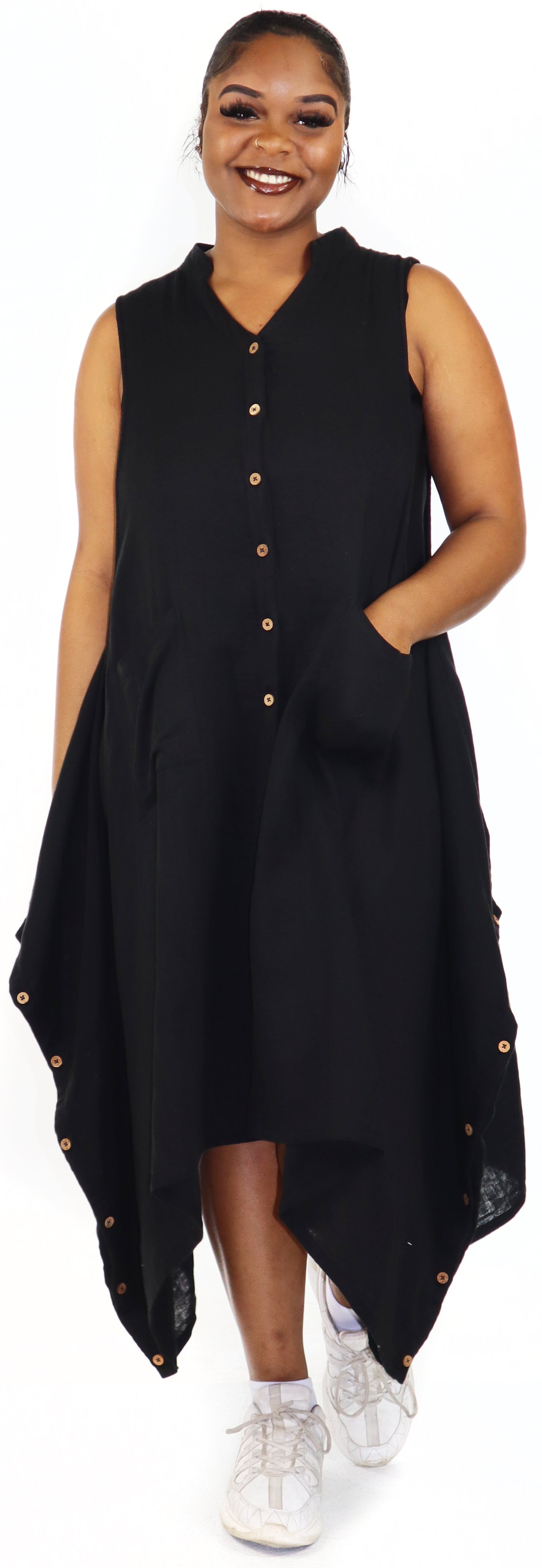 Women Boho Linen Sleeveless Button Down Midi Dress Top, Romper w/ Front Pockets, Reg and Plus Sizes