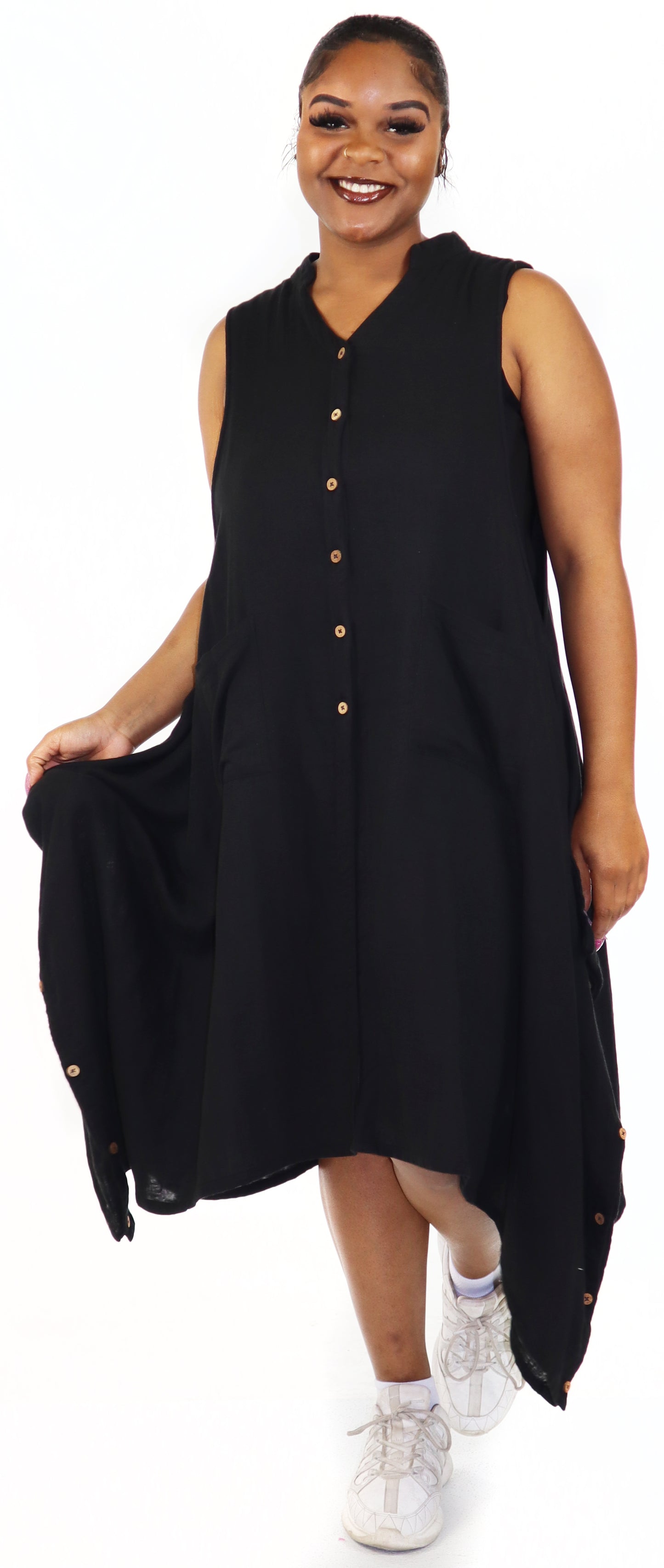 Women Boho Linen Sleeveless Button Down Midi Dress Top, Romper w/ Front Pockets, Reg and Plus Sizes