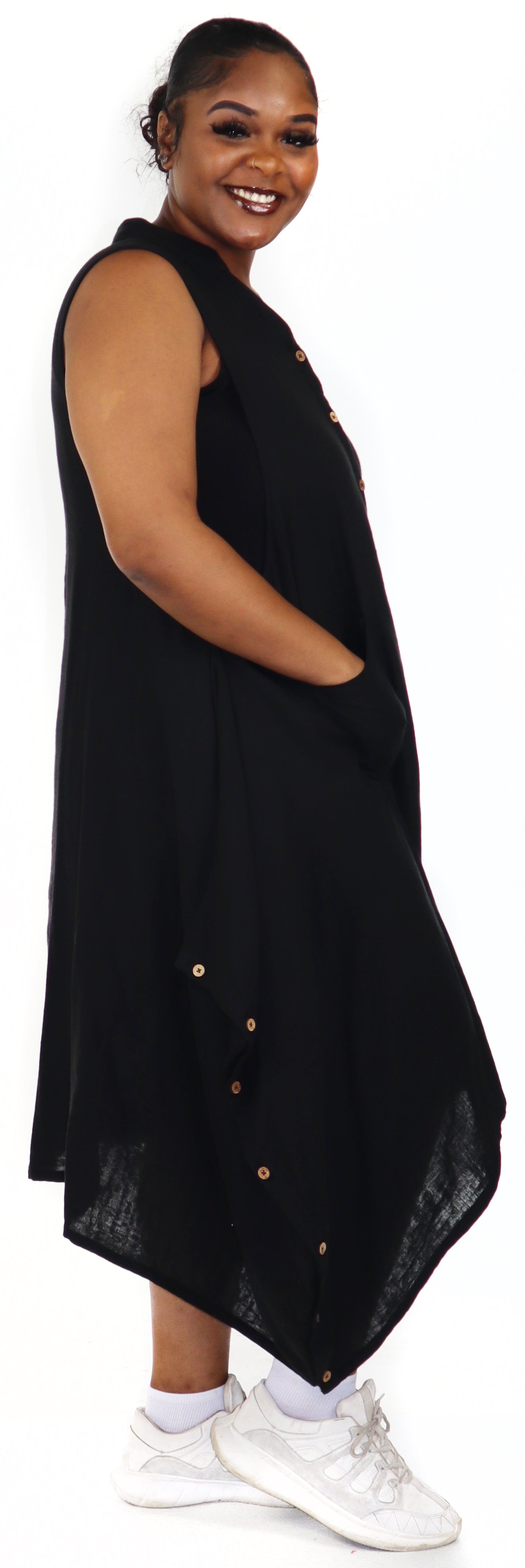 Women Boho Linen Sleeveless Button Down Midi Dress Top, Romper w/ Front Pockets, Reg and Plus Sizes