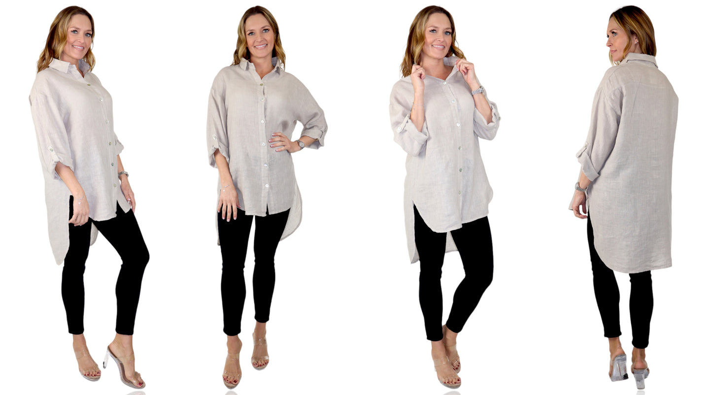Womens 100% Linen Breathable Button Down Dress Tunic Shirt Top w/Roll Up Sleeves