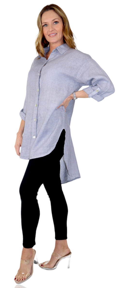 Womens 100% Linen Breathable Button Down Dress Tunic Shirt Top w/Roll Up Sleeves