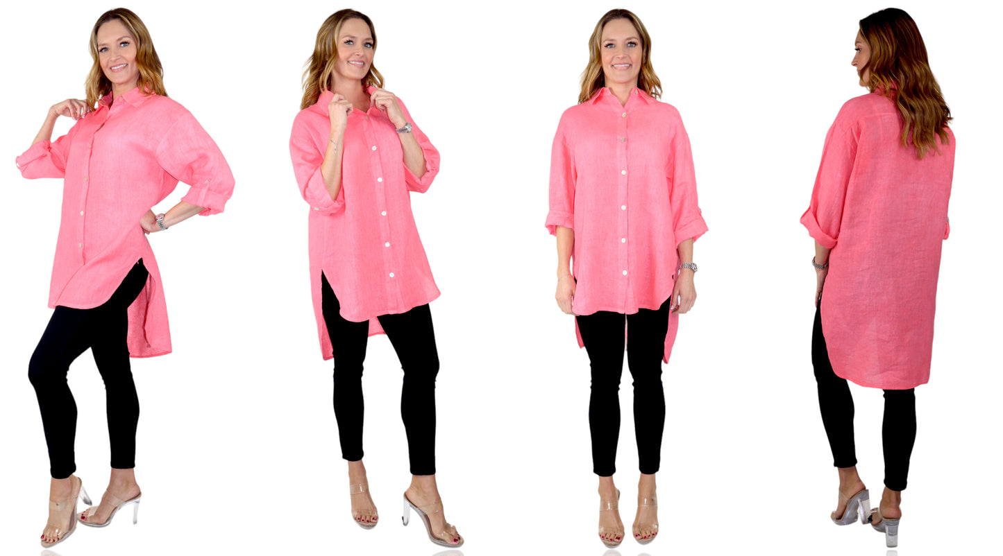 Womens 100% Linen Breathable Button Down Dress Tunic Shirt Top w/Roll Up Sleeves