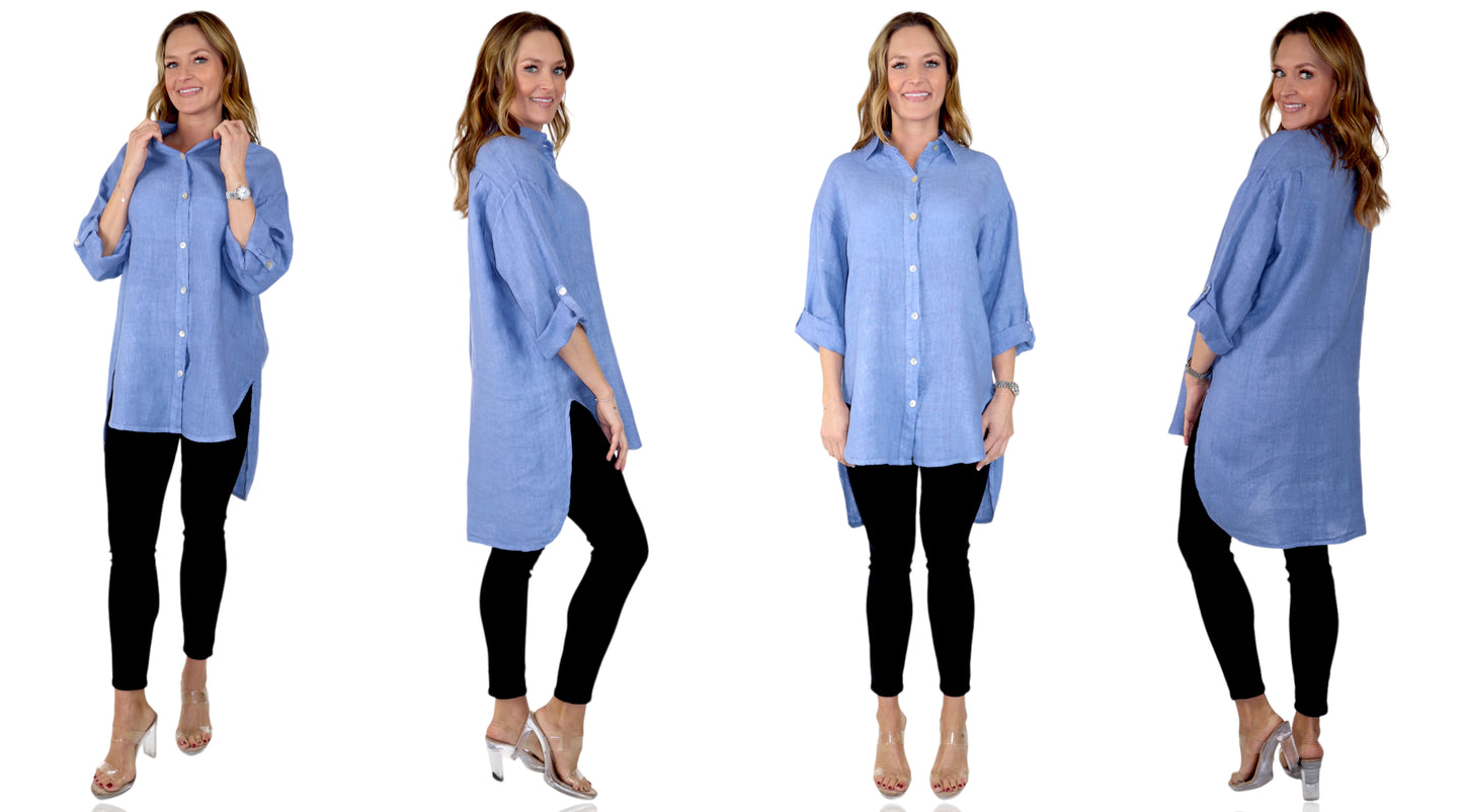 Womens 100% Linen Breathable Button Down Dress Tunic Shirt Top w/Roll Up Sleeves