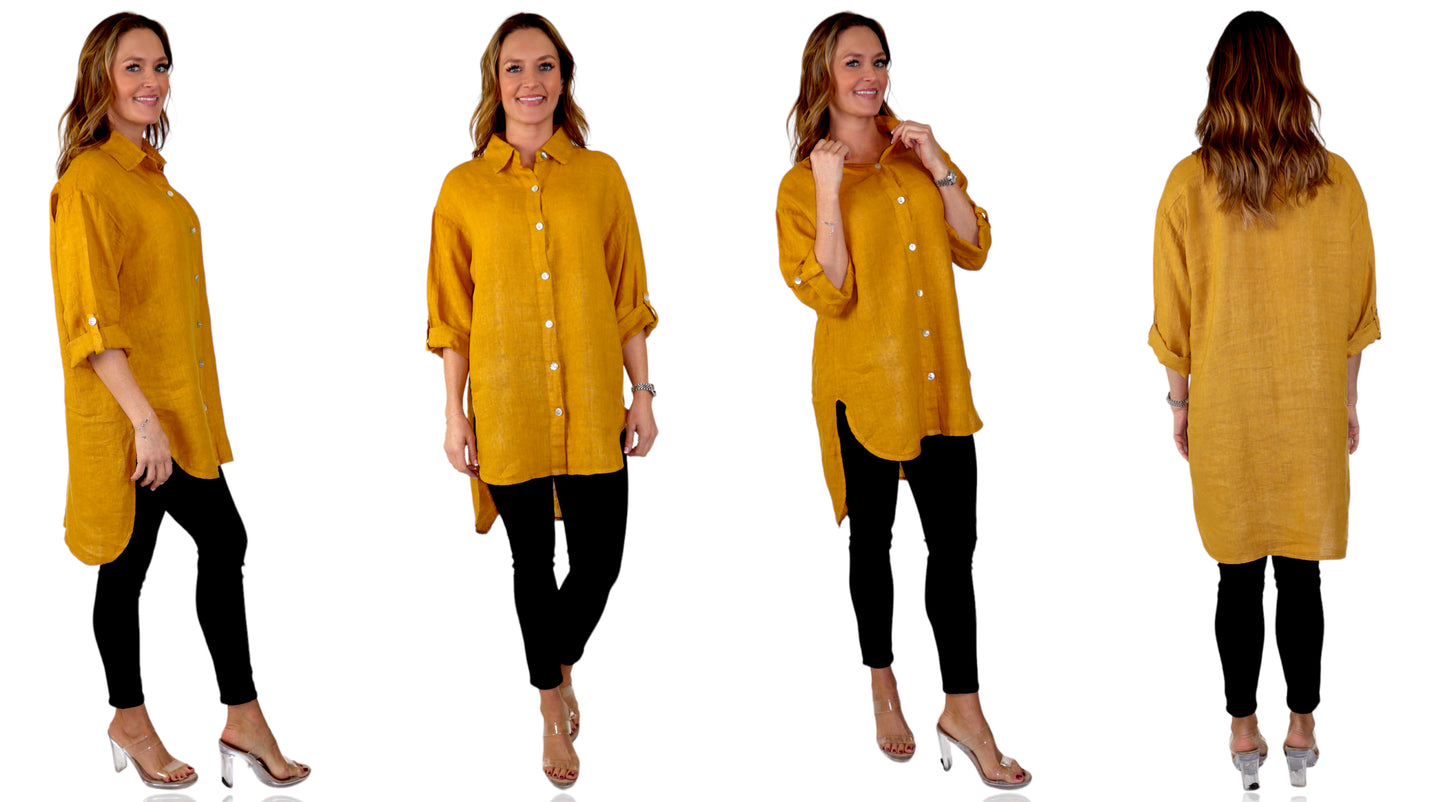 Womens 100% Linen Breathable Button Down Dress Tunic Shirt Top w/Roll Up Sleeves