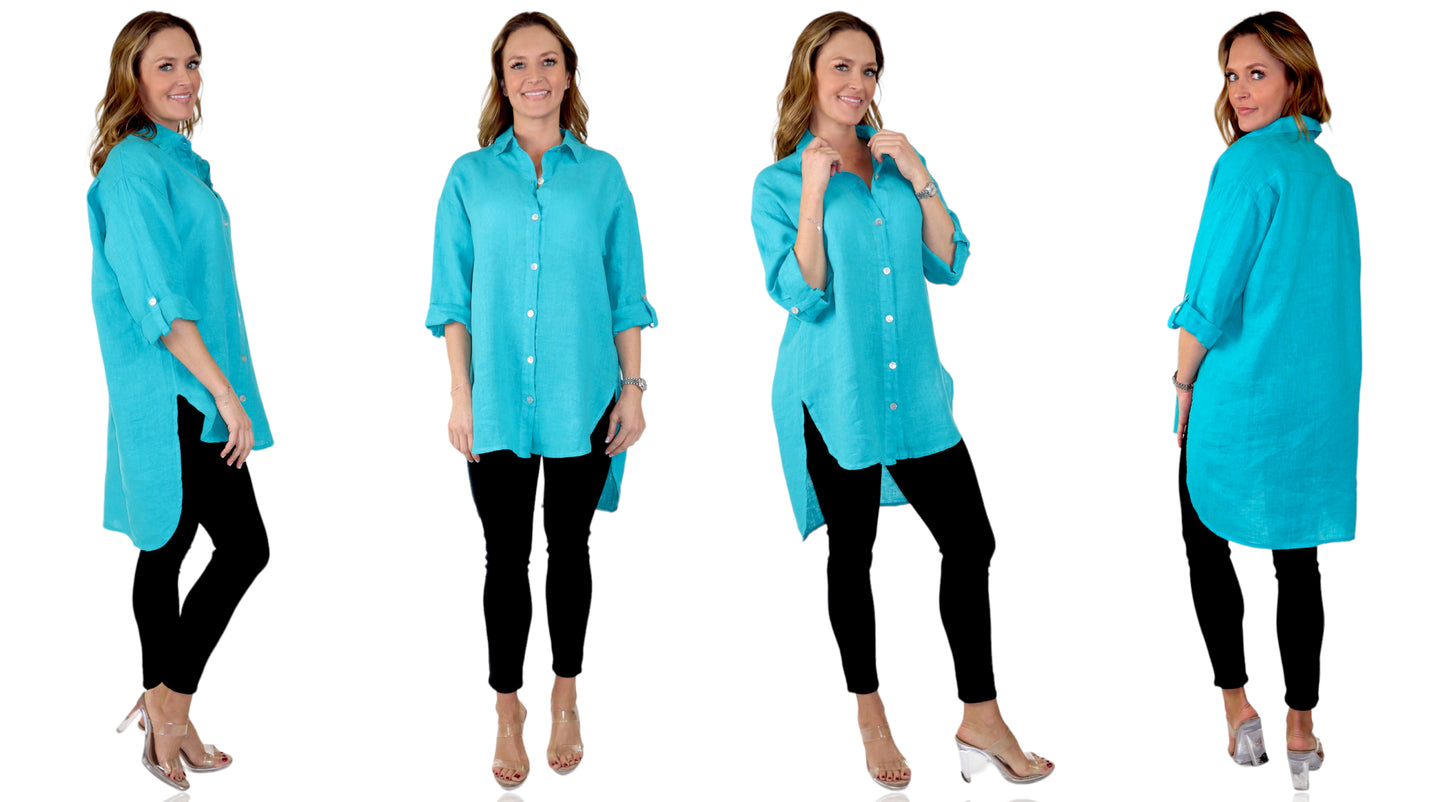 Womens 100% Linen Breathable Button Down Dress Tunic Shirt Top w/Roll Up Sleeves