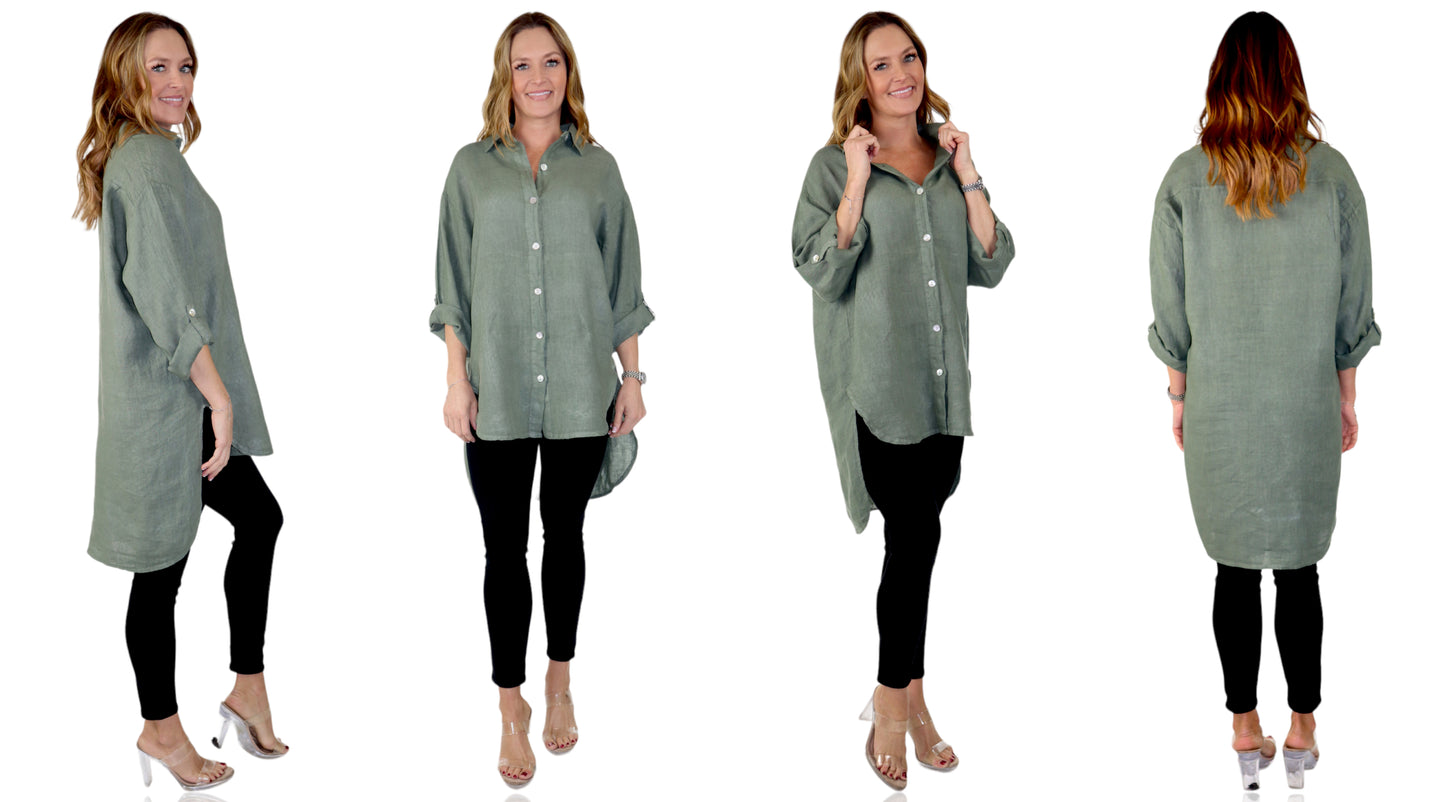 Womens 100% Linen Breathable Button Down Dress Tunic Shirt Top w/Roll Up Sleeves