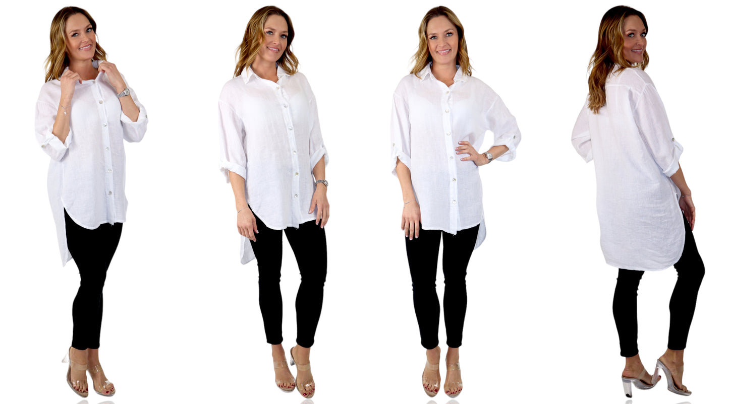 Womens 100% Linen Breathable Button Down Dress Tunic Shirt Top w/Roll Up Sleeves