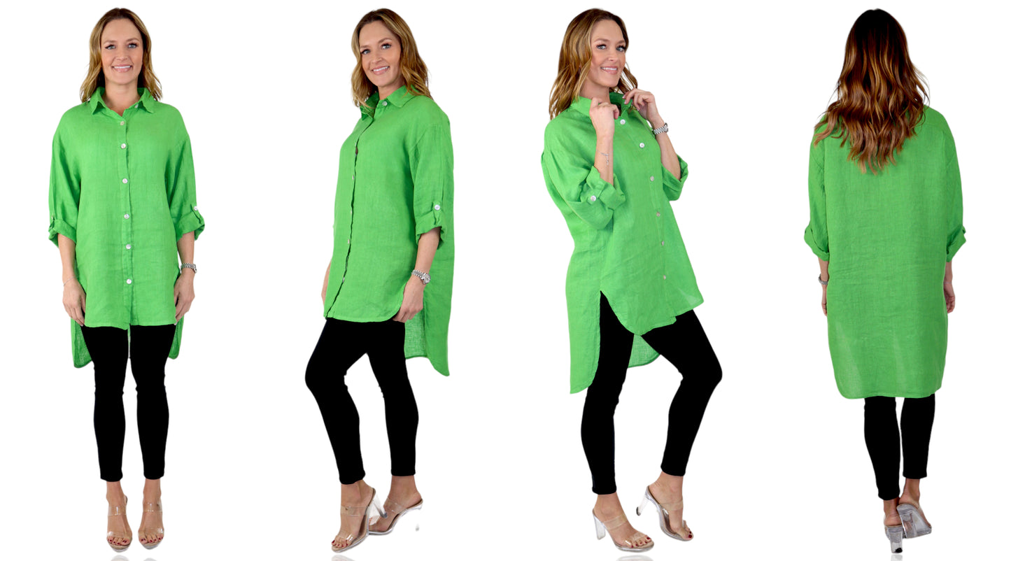 Womens 100% Linen Breathable Button Down Dress Tunic Shirt Top w/Roll Up Sleeves