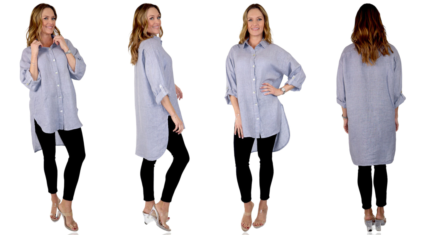 Womens 100% Linen Breathable Button Down Dress Tunic Shirt Top w/Roll Up Sleeves