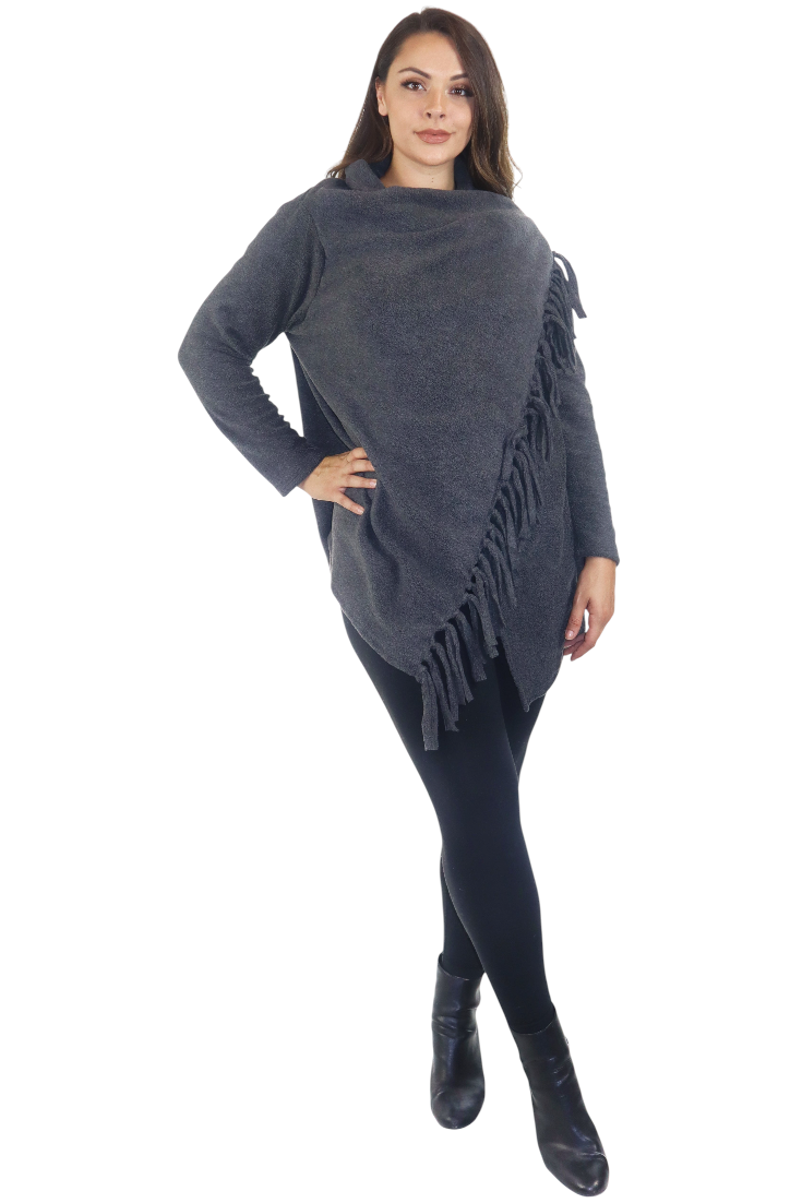 Fleece Sleeved Shawl Wrap Fringed Poncho,, Poncho for Cold Weather, Cozy Versatile Poncho, MADE IN USA, One Size Fits All Adults