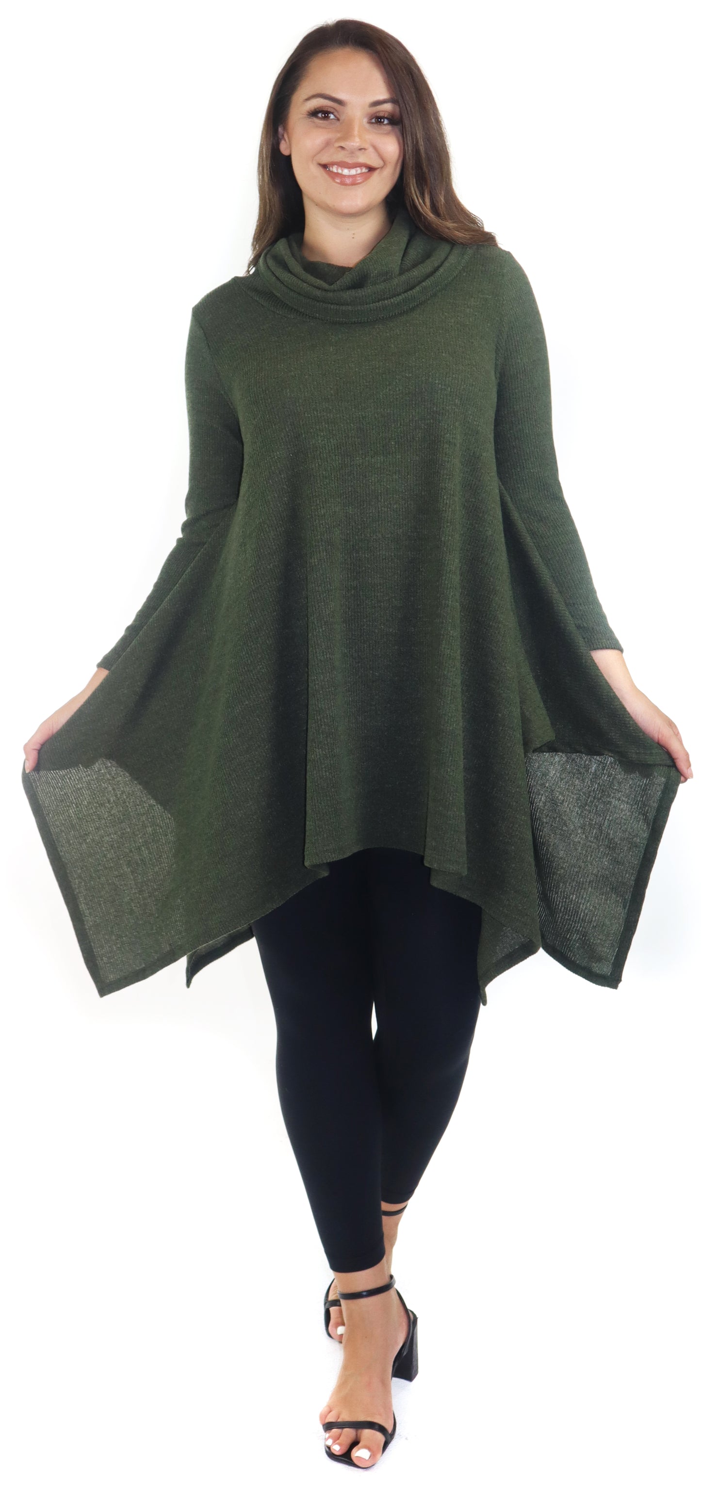 Cowl Neck Cozy Asymmetrical Hem Tunic Outerwear Sweater for Chilly Weather, Flared Hemline, Made in USA, Available in Regular and Plus Sizes