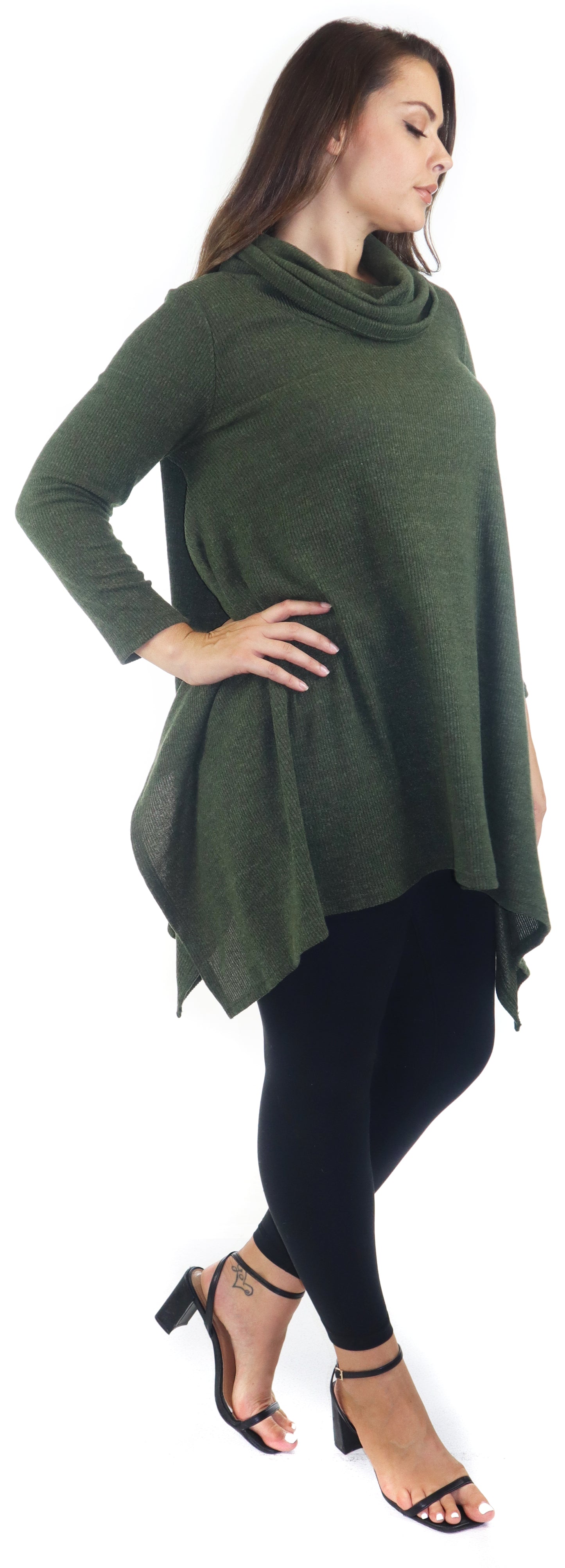 Cowl Neck Cozy Asymmetrical Hem Tunic Outerwear Sweater for Chilly Weather, Flared Hemline, Made in USA, Available in Regular and Plus Sizes