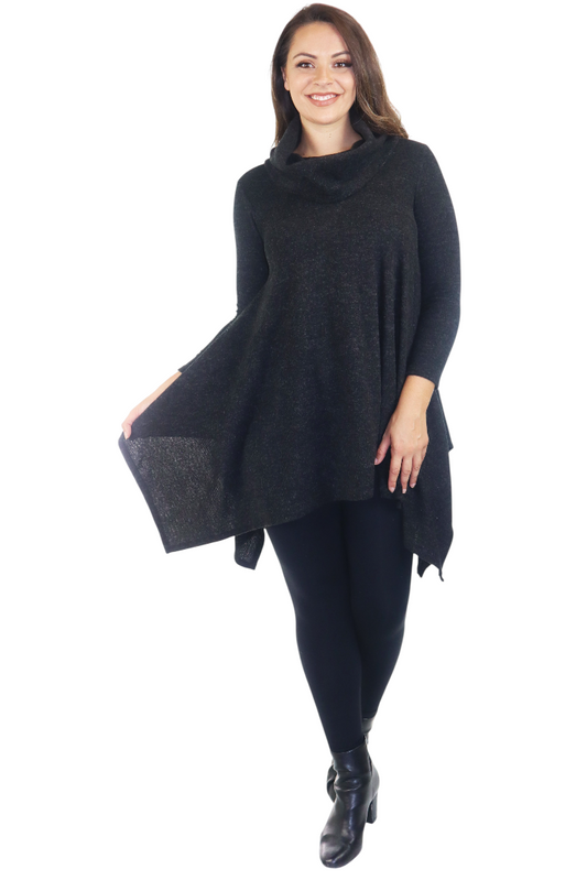 Cowl Neck Cozy Asymmetrical Hem Tunic Outerwear Sweater for Chilly Weather, Flared Hemline, Made in USA, Available in Regular and Plus Sizes
