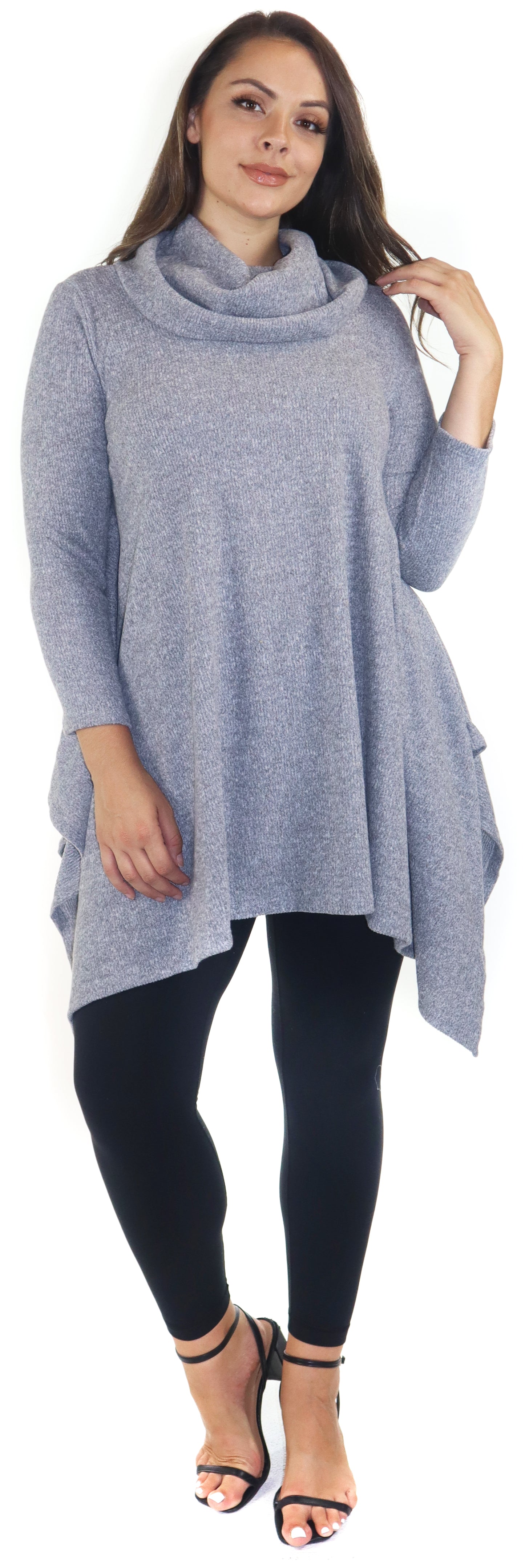 Cowl Neck Cozy Asymmetrical Hem Tunic Outerwear Sweater for Chilly Weather, Flared Hemline, Made in USA, Available in Regular and Plus Sizes