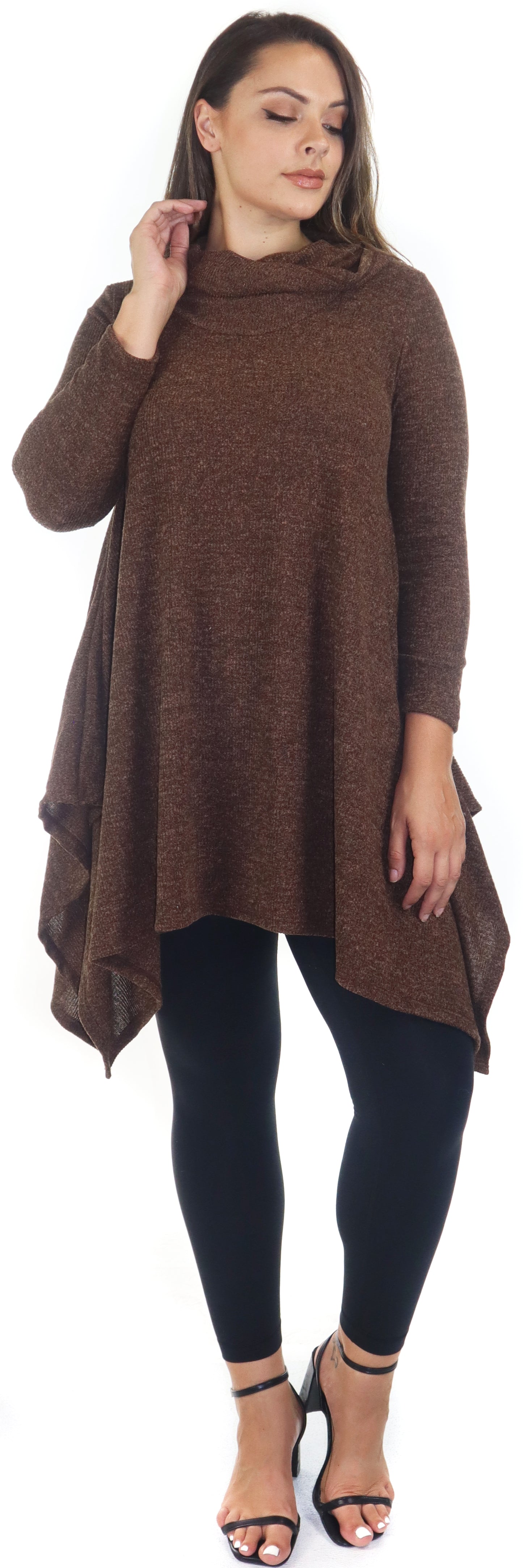 Cowl Neck Cozy Asymmetrical Hem Tunic Outerwear Sweater for Chilly Weather, Flared Hemline, Made in USA, Available in Regular and Plus Sizes