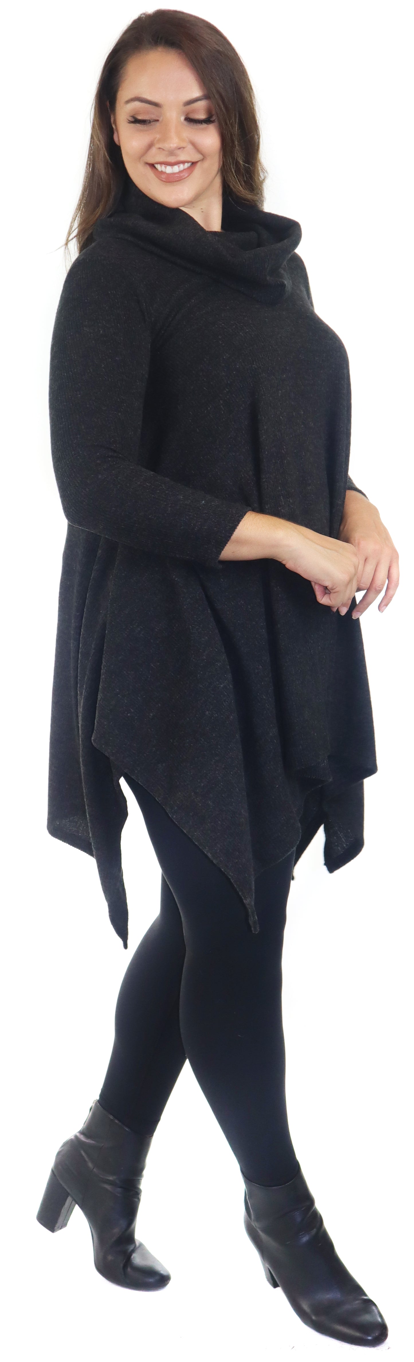Cowl Neck Cozy Asymmetrical Hem Tunic Outerwear Sweater for Chilly Weather, Flared Hemline, Made in USA, Available in Regular and Plus Sizes