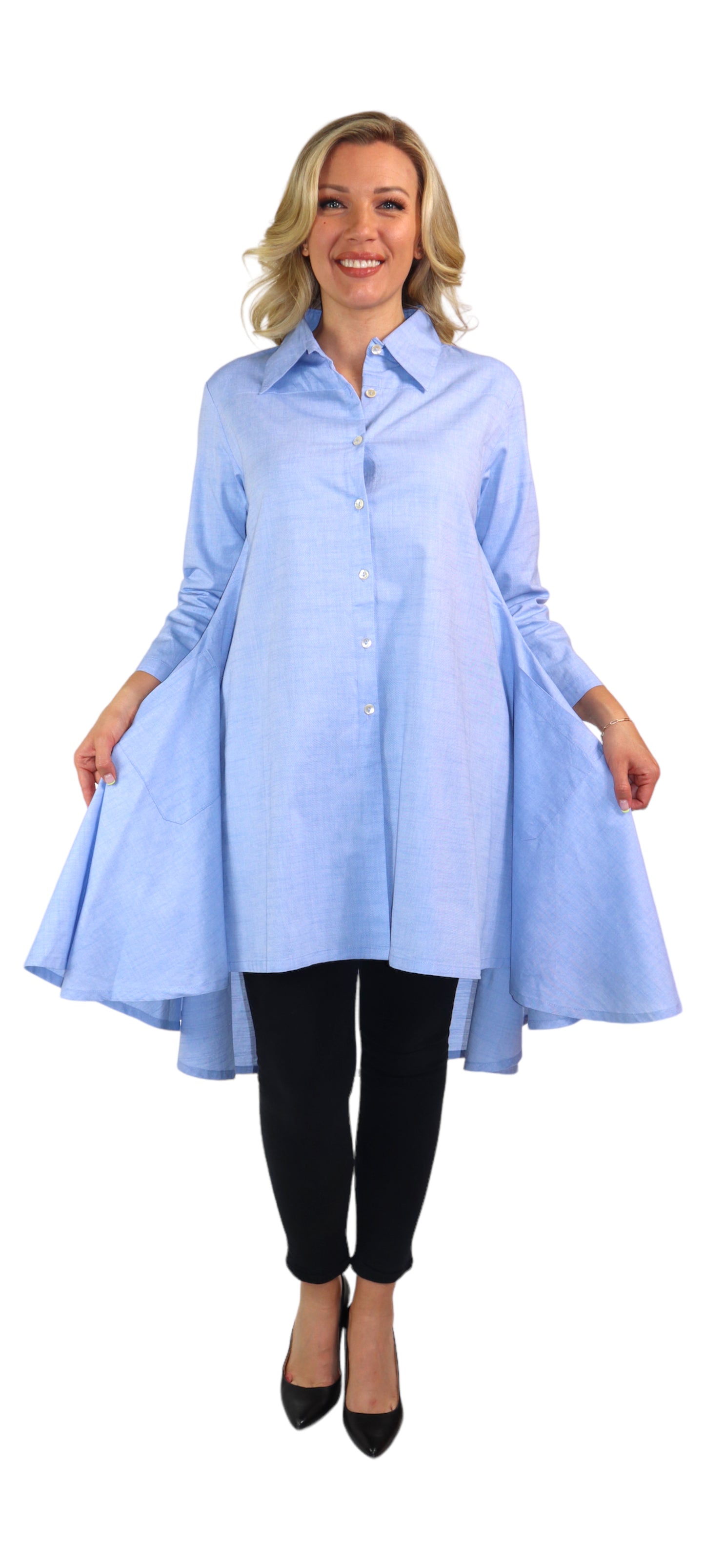 New Hi Low Button Down A Line Swing Dress Shirt,  Reg and Plus Sizes, Cotton Chambray