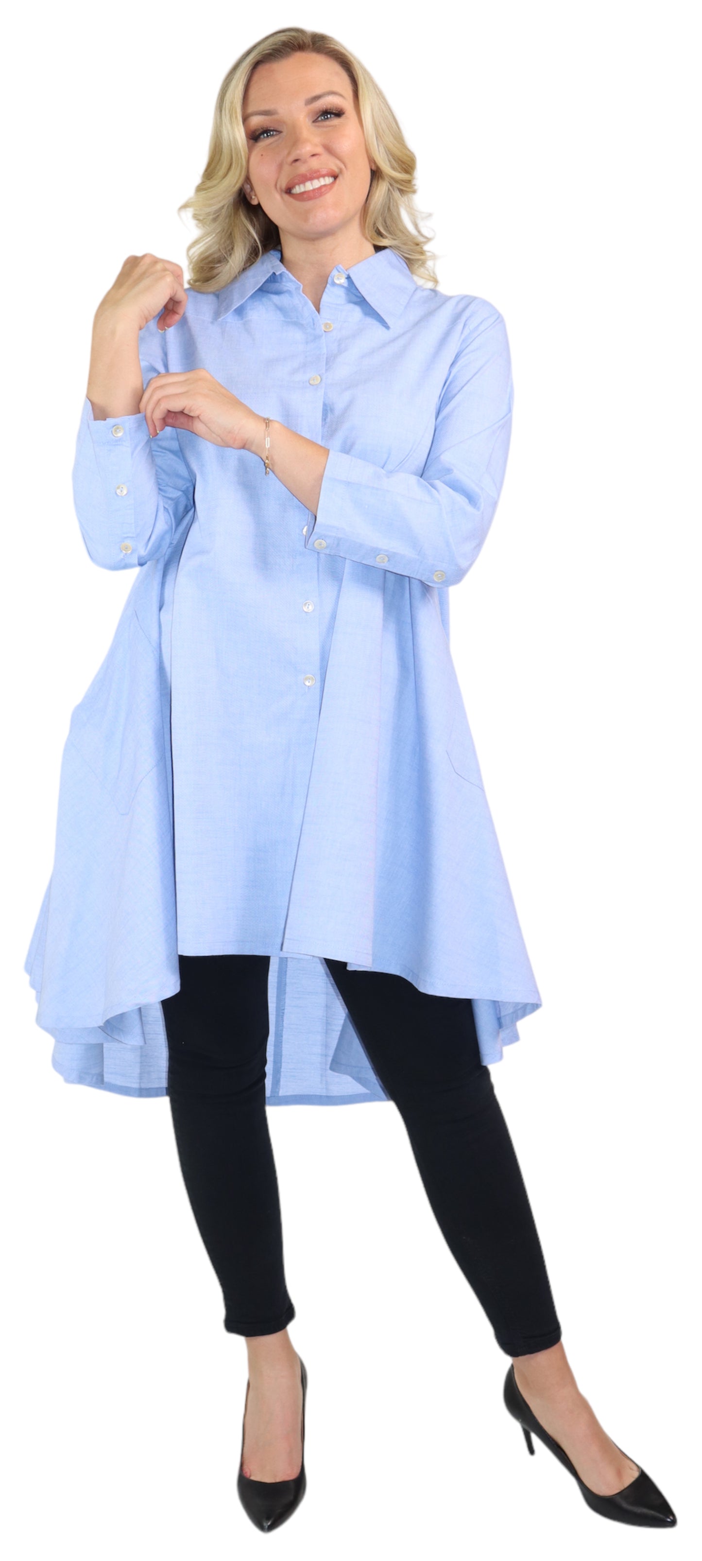 New Hi Low Button Down A Line Swing Dress Shirt,  Reg and Plus Sizes, Cotton Chambray