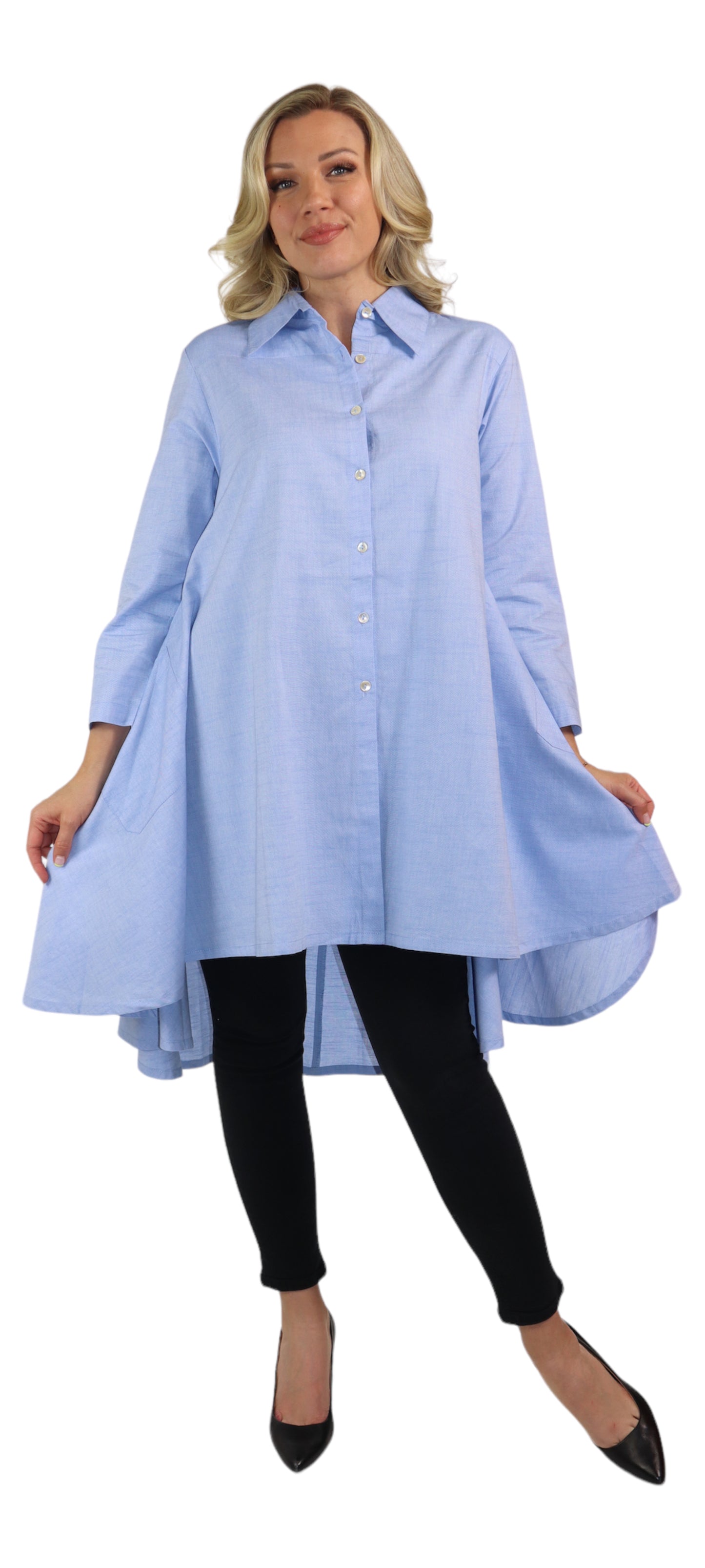 New Hi Low Button Down A Line Swing Dress Shirt,  Reg and Plus Sizes, Cotton Chambray